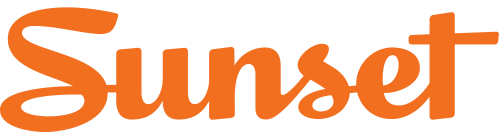 The word 'Sunset' written in orange text on a black background.