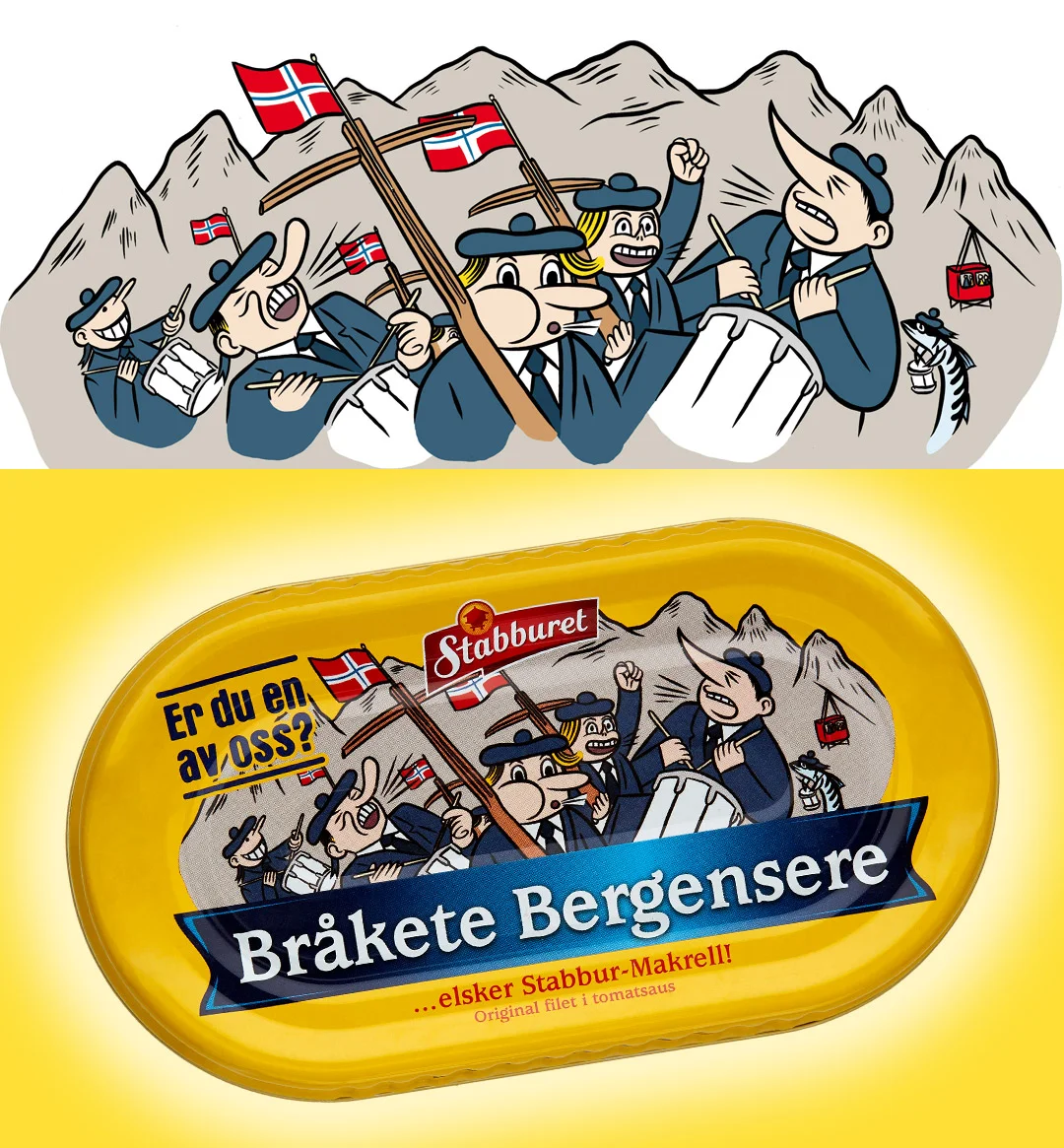 Packaging illustration for Makrell i Tomat (Mackerel in Tomato Saus).