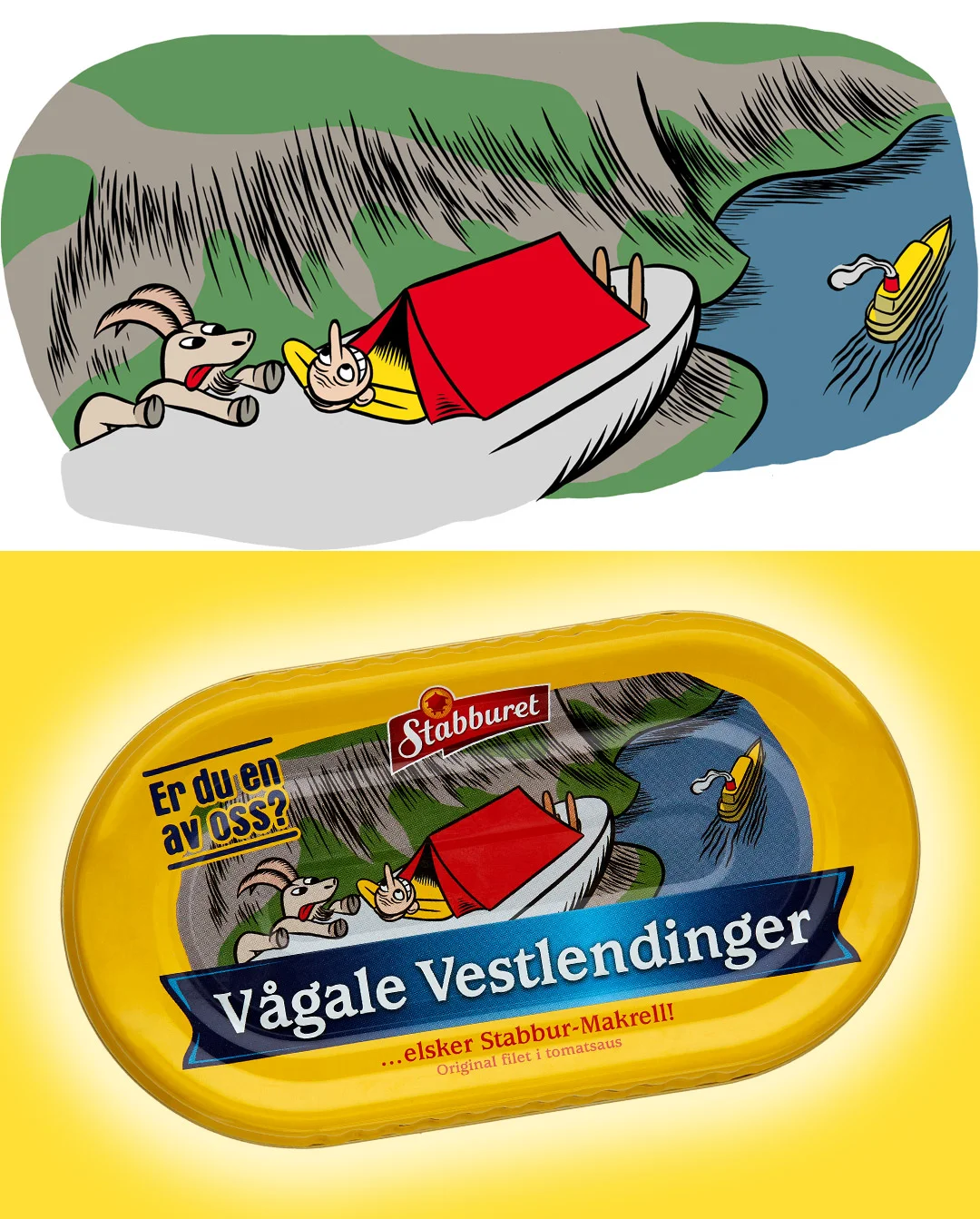 Packaging illustration for Makrell i Tomat (Mackerel in Tomato Saus).