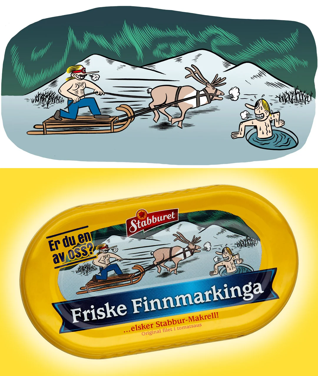 Packaging illustration for Makrell i Tomat (Mackerel in Tomato Saus).