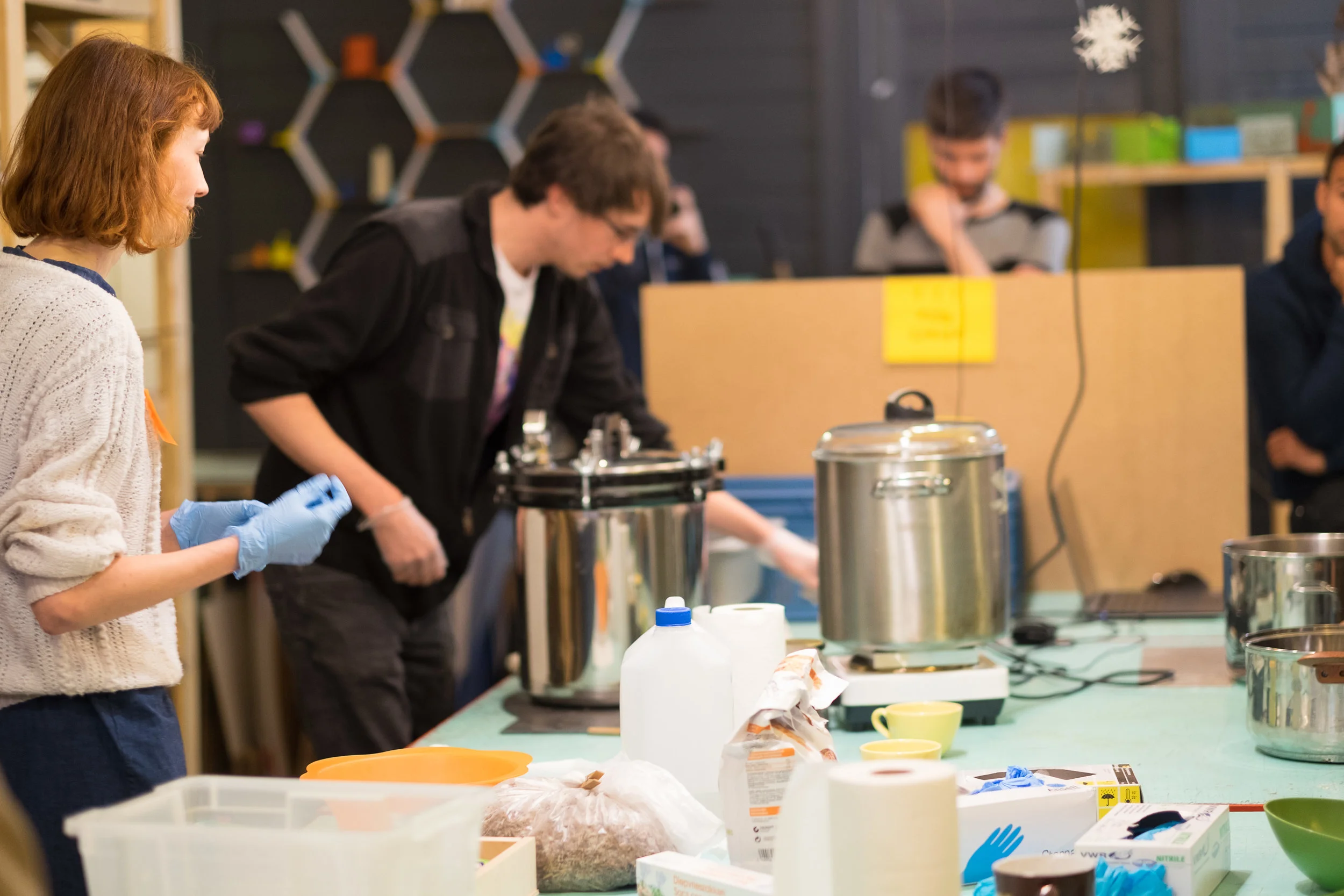 We've prepared sterile mycelium+ substrate with the autoclaves.