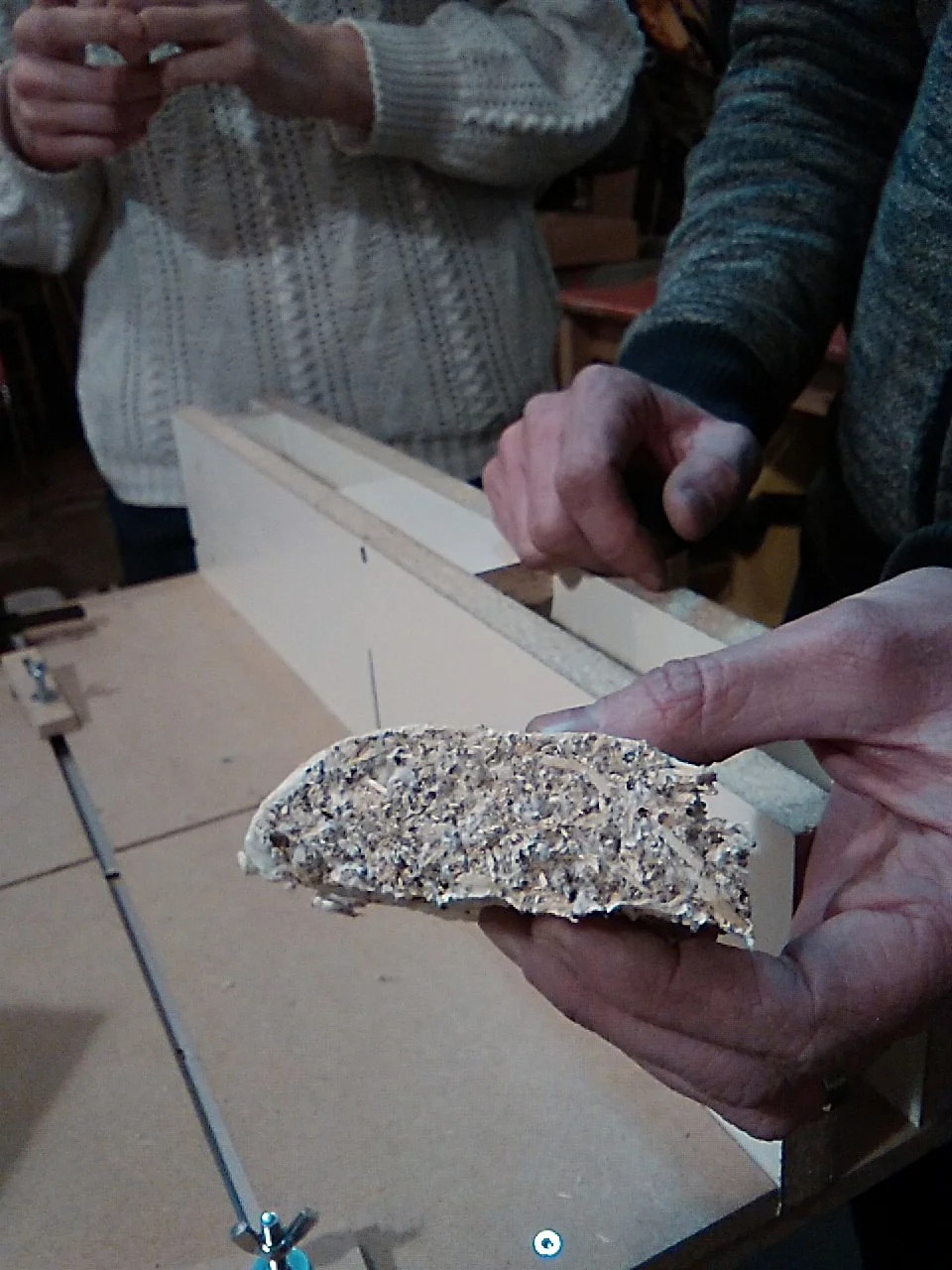 The mycelium brick cut in two pieces, here is how it looks inside