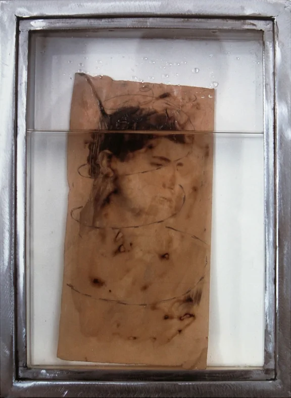 Senza titolo, 1990 Emulsione fotografica su carta, acqua, ferro, vetro cm. 40 x 30 x 8 