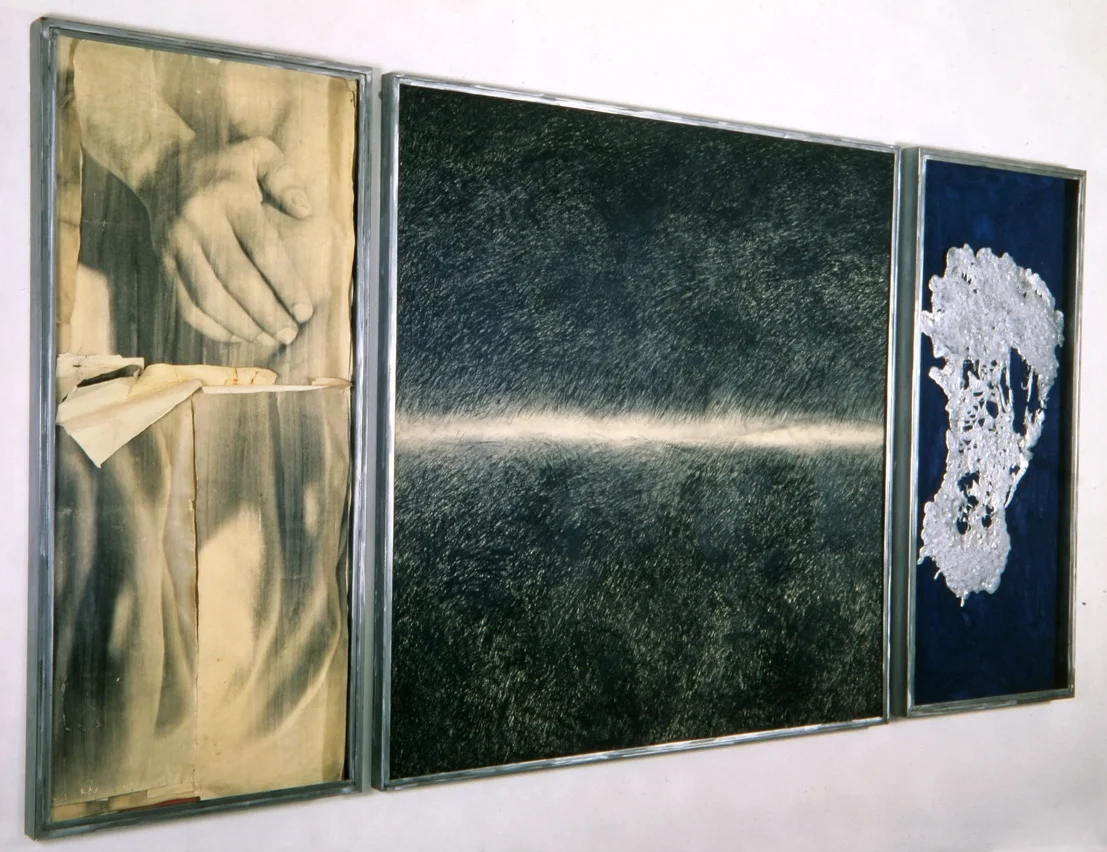 Senza titolo, 1992 Emulsione fotografica e carboncino su carta; pigmento e piombo su tavola, ferro, vetro 