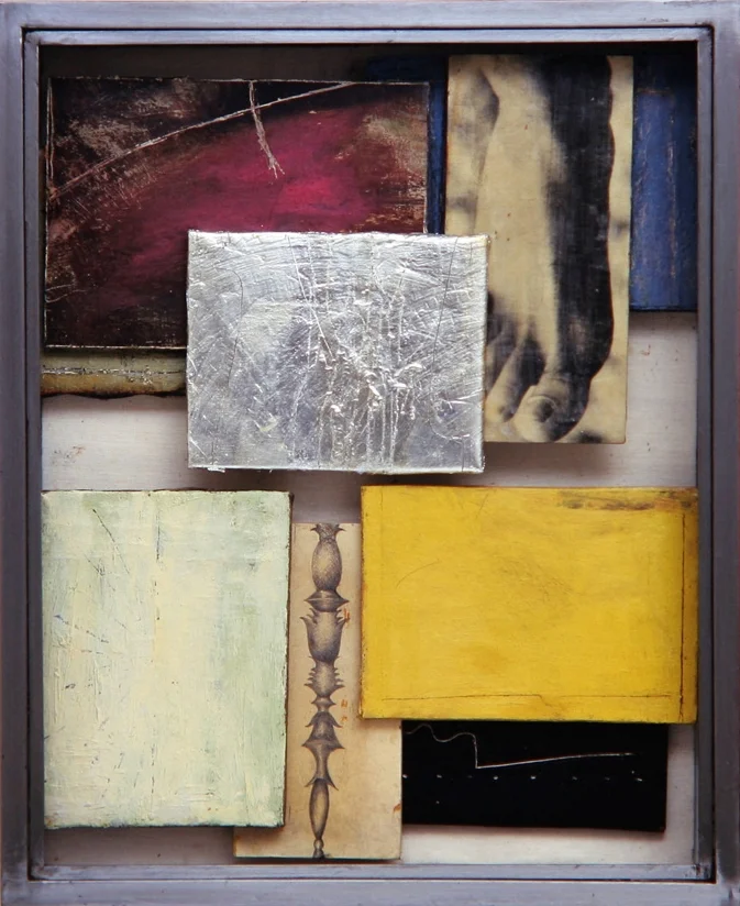 Senza titolo, 2001 Olio, argento, emulsione fotografica su carta e tela, ferro, vetro cm.64 x 52