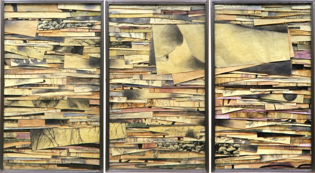 Senza titolo, 2001 Tecnica mista ed emulsione fotografica su carta, ferro, vetro Trittico,cm.150 x 270