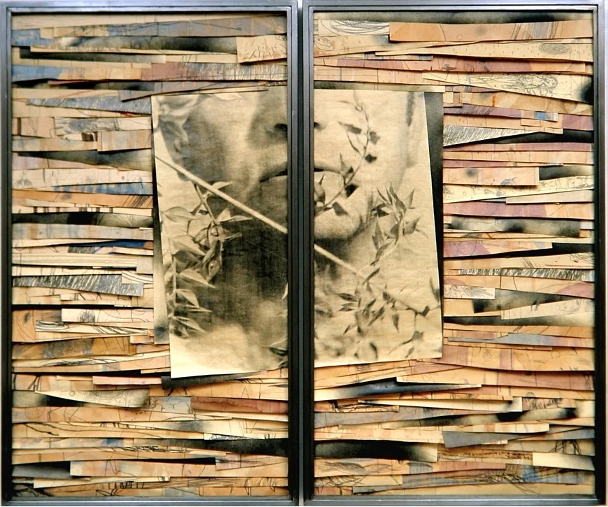Senza titolo, 2002 Tecnica mista ed emulsione fotografica su carta, ferro, vetro Dittico,cm.150 x 180