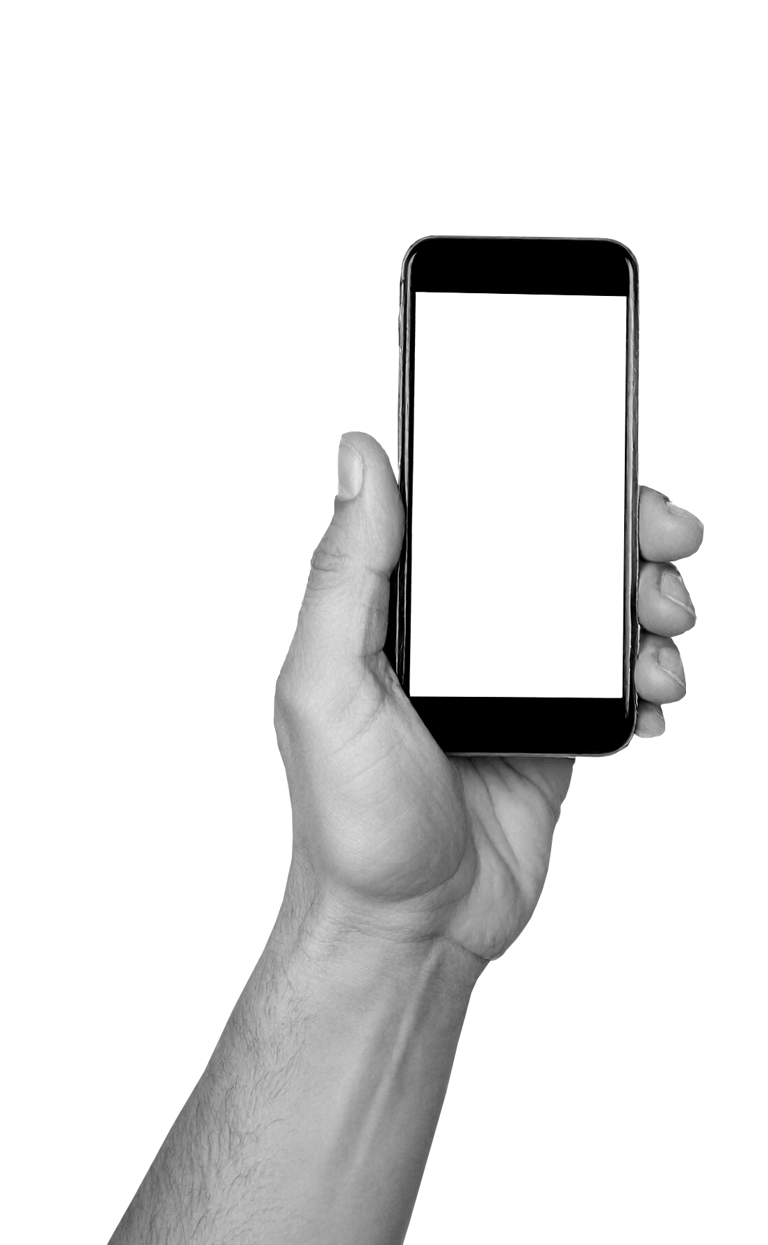 A black and white photo of a hand holding a smartphone with a blank screen against a black background.