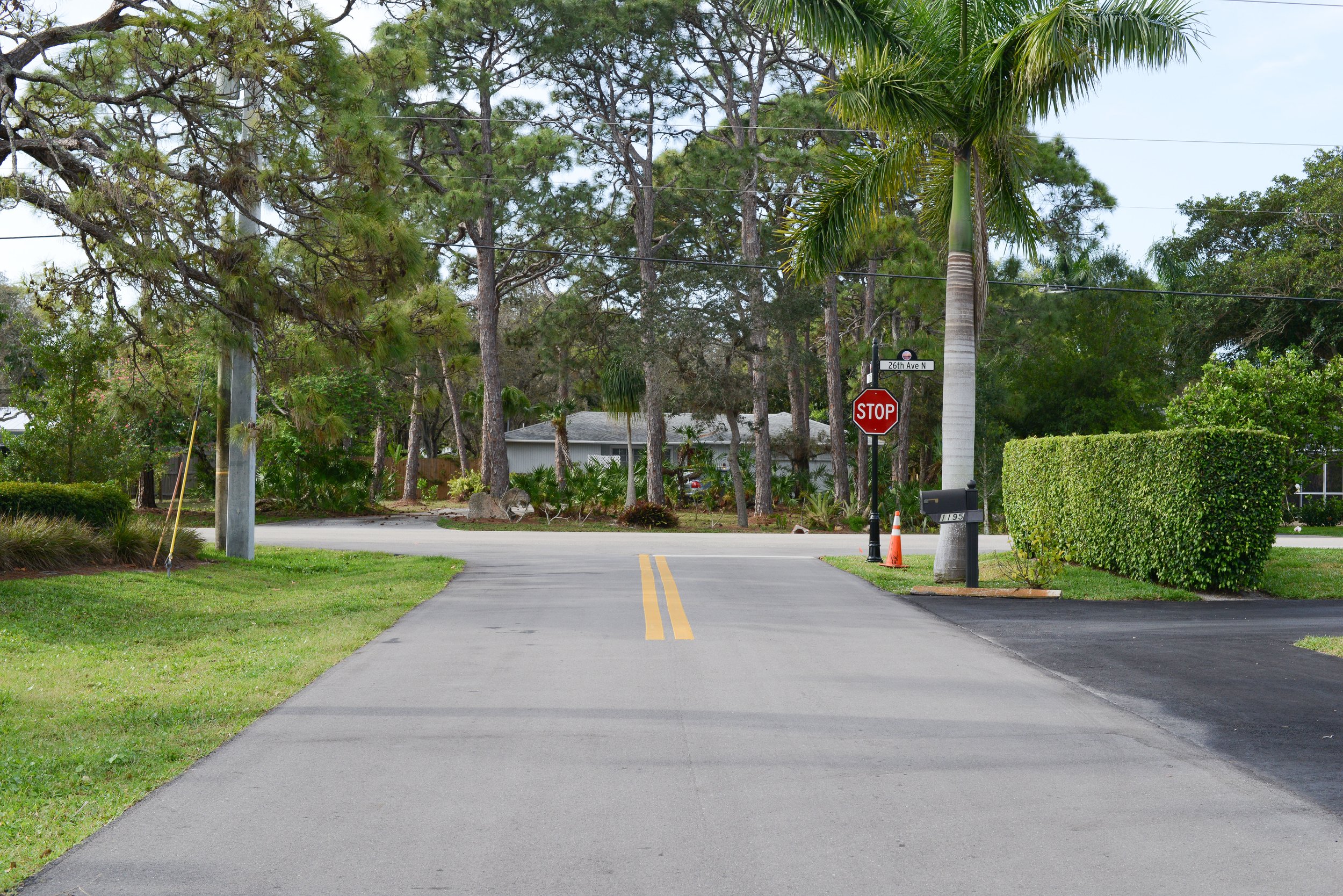 A suburban street intersection with a stop sign, mailbox, and orange traffic cone. The road is paved with a double yellow line, surrounded by green grass, trees, and residential houses in the background.