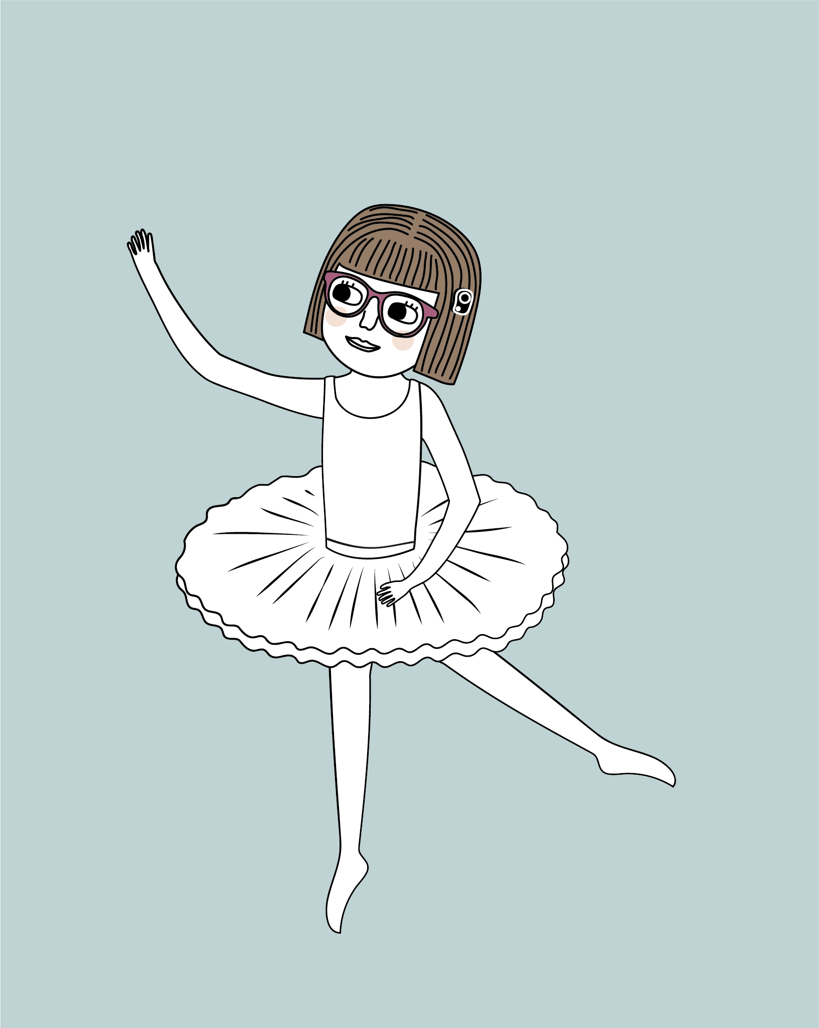 A cartoon girl dressed in a ballet tutu performing a ballet pose, wearing glasses and with short brown hair against a light blue background.