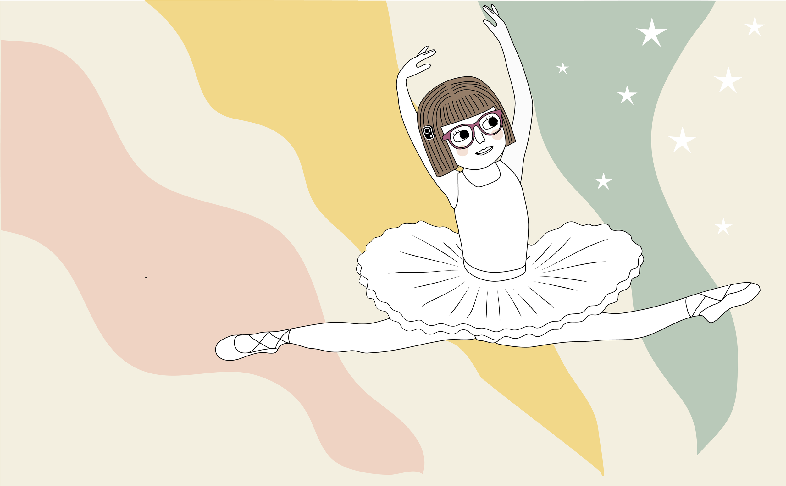 A cartoon girl ballerina with brown hair, glasses, and a big smile, performing a split. She wears a white leotard, a tutu, ballet slippers, and a go-pro camera headband, in front of a pastel-colored abstract background with stars.