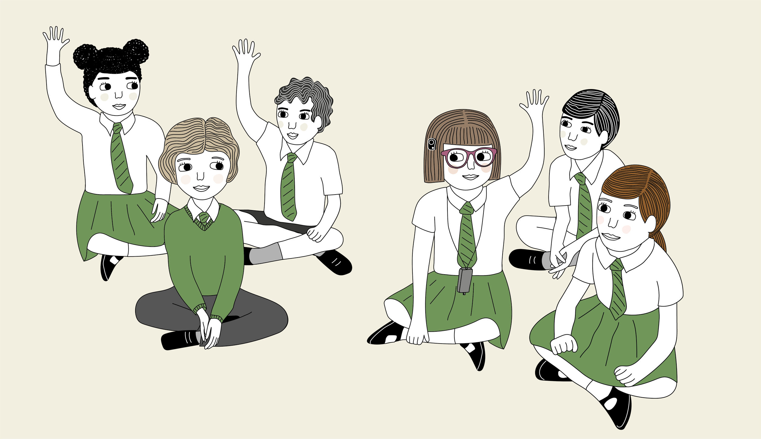 Illustration of six children in school uniforms with green skirts or pants and striped ties, sitting or kneeling on the floor, some raising one hand and smiling.