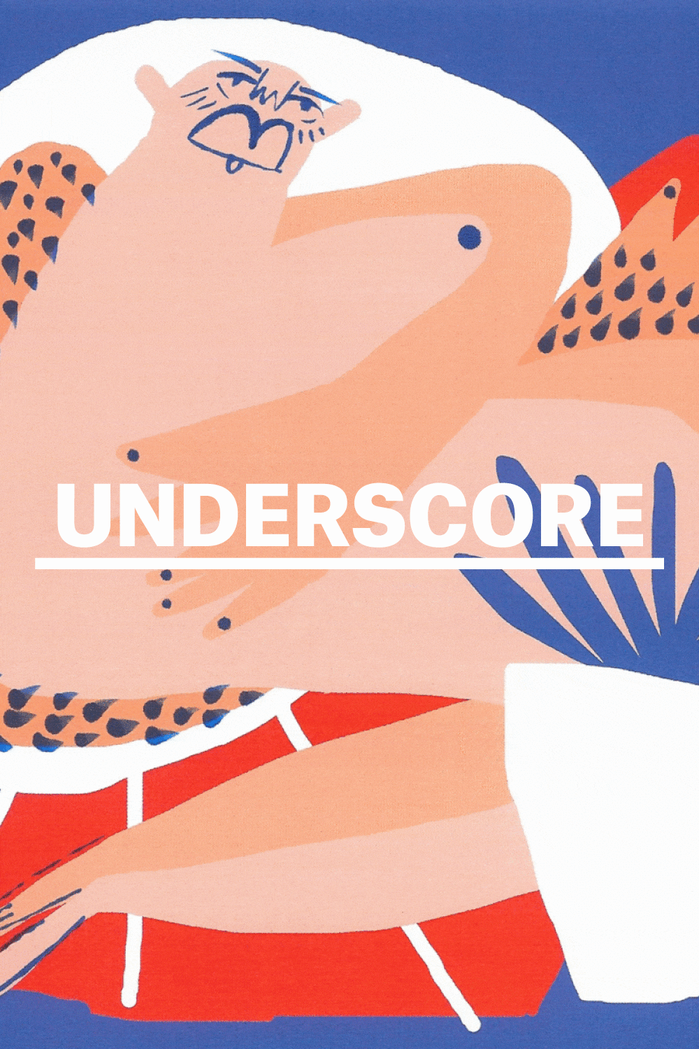 Abstract illustration of a woman with long hair, wearing a red top, holding a megaphone, with the text 'Underscore' over the image.