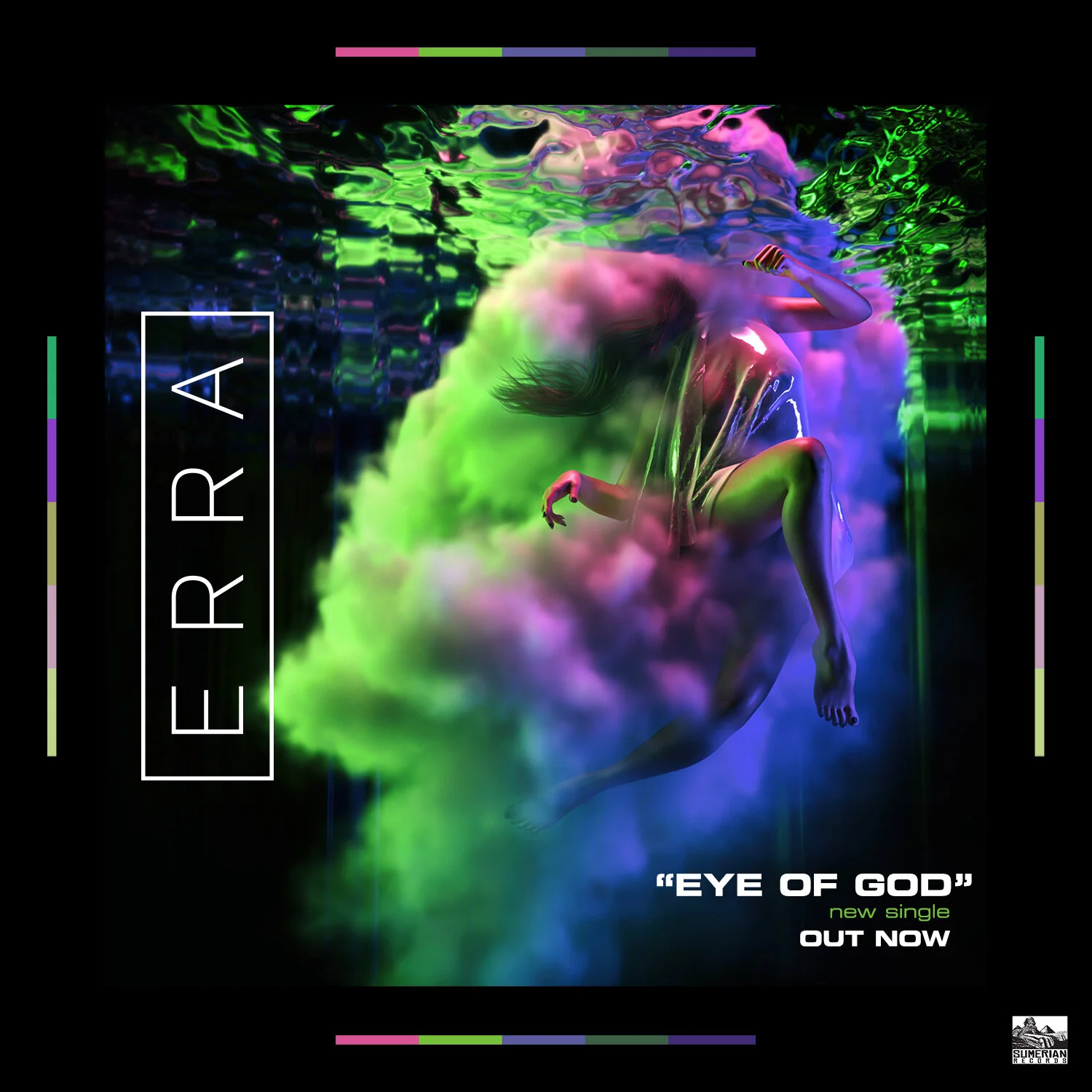 A person submerged underwater, surrounded by colorful smoke or ink in green, purple, and blue hues, with the text 'EYE OF GOD' and information about a new single release by EER AR