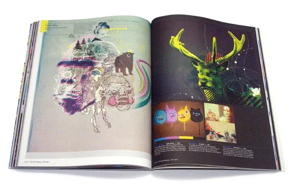 Open magazine showing colorful, artistic illustrations including a human face with nature elements, a bear, and abstract designs on the left page, and a digital artwork of a deer's head with glowing antlers and geometric patterns on the right page.