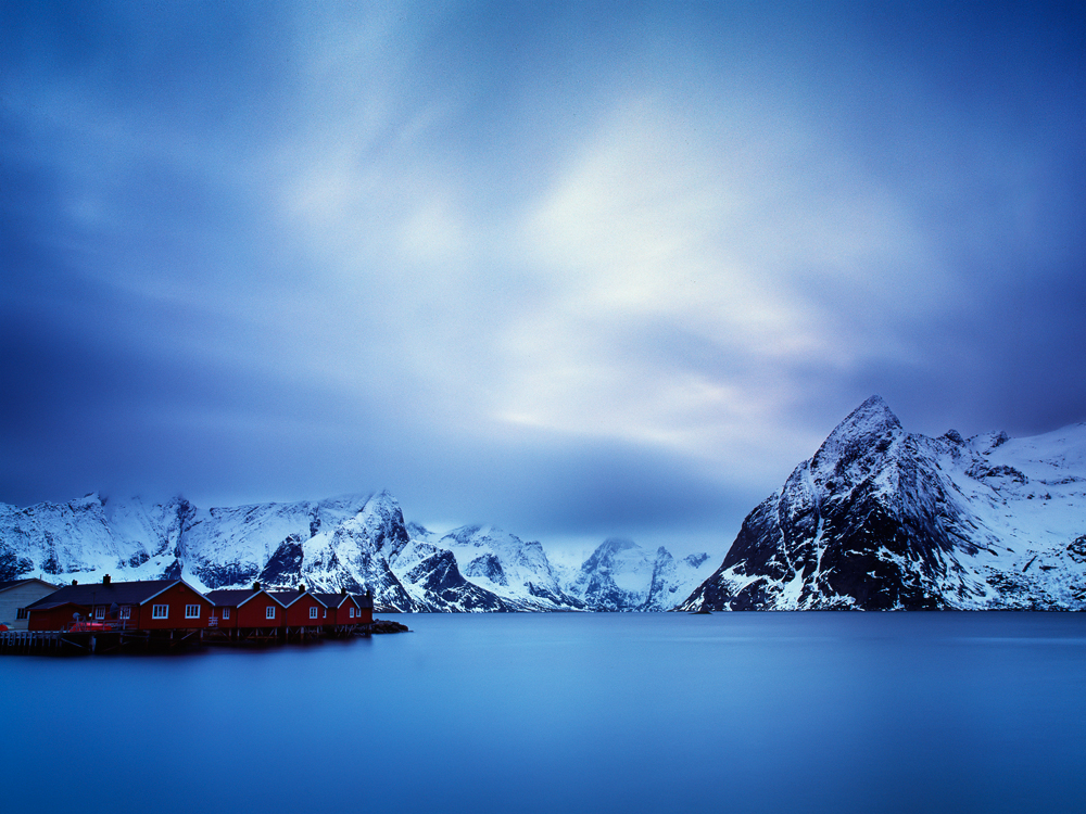Capture: Fishing Huts by Reine, Camera: Hasselblad H1, Lens: 80mm, Film: Fuji Velvia 50, Exposure: 2m41s, Aperture: f/11. Filters: Lee ND Graduated 0.6