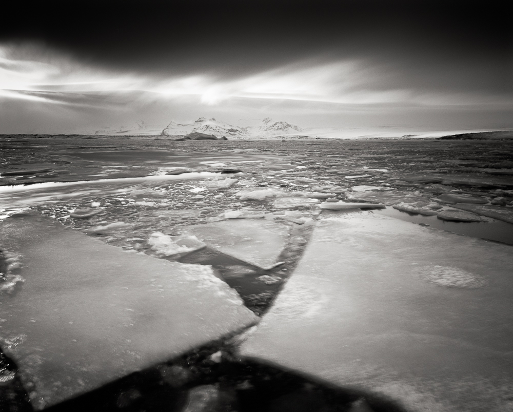 Title: Winter Flow, Camera: Ebony RSW 45, Lens: Rodenstock Apo-Grandagon 45 mm, Filter: Lee Big Stopper, Film: Kodak T-Max 100, Exposure: 400″ , f 16, Jokulsarlon, Iceland, 2012