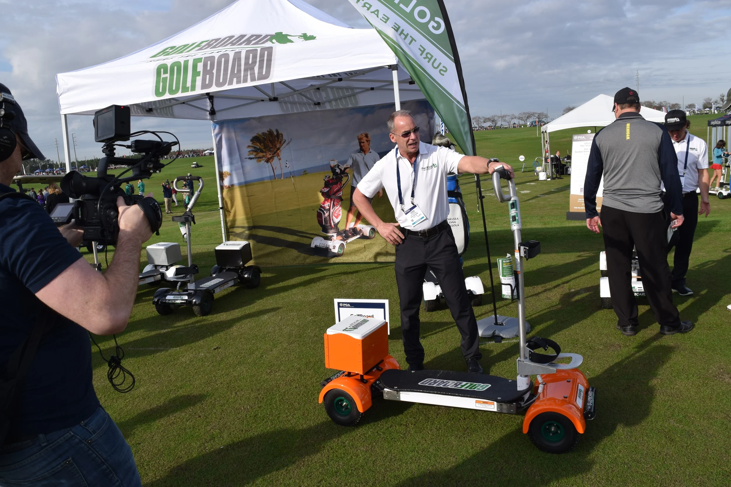 GolfBoard CEO John Wildman Demonstrates the GolfBoard for the cameras at Demo Day of the 2016 PGA Merchandise Show