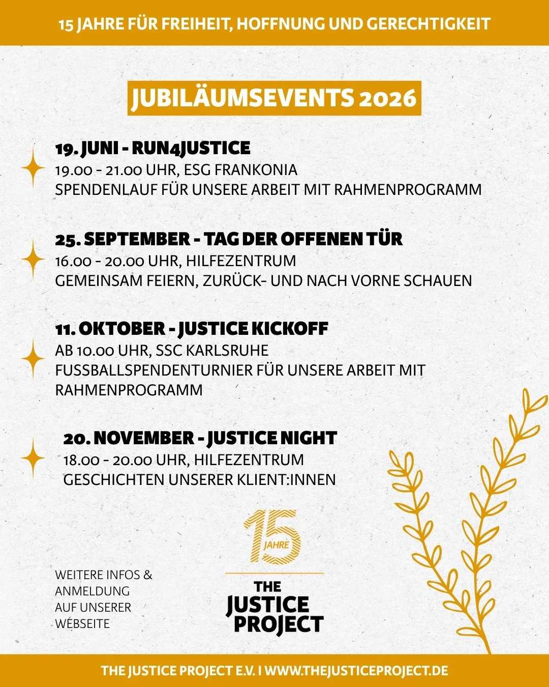 🎉 Unser Jubil&auml;umsjahr steckt voller besonderer Momente - und du bist herzlich eingeladen, dabei zu sein!

Ob Spendenlauf, Justice Night oder andere spannende Veranstaltungen: In den kommenden Monaten gibt es viele Gelegenheiten, unsere Arbeit k