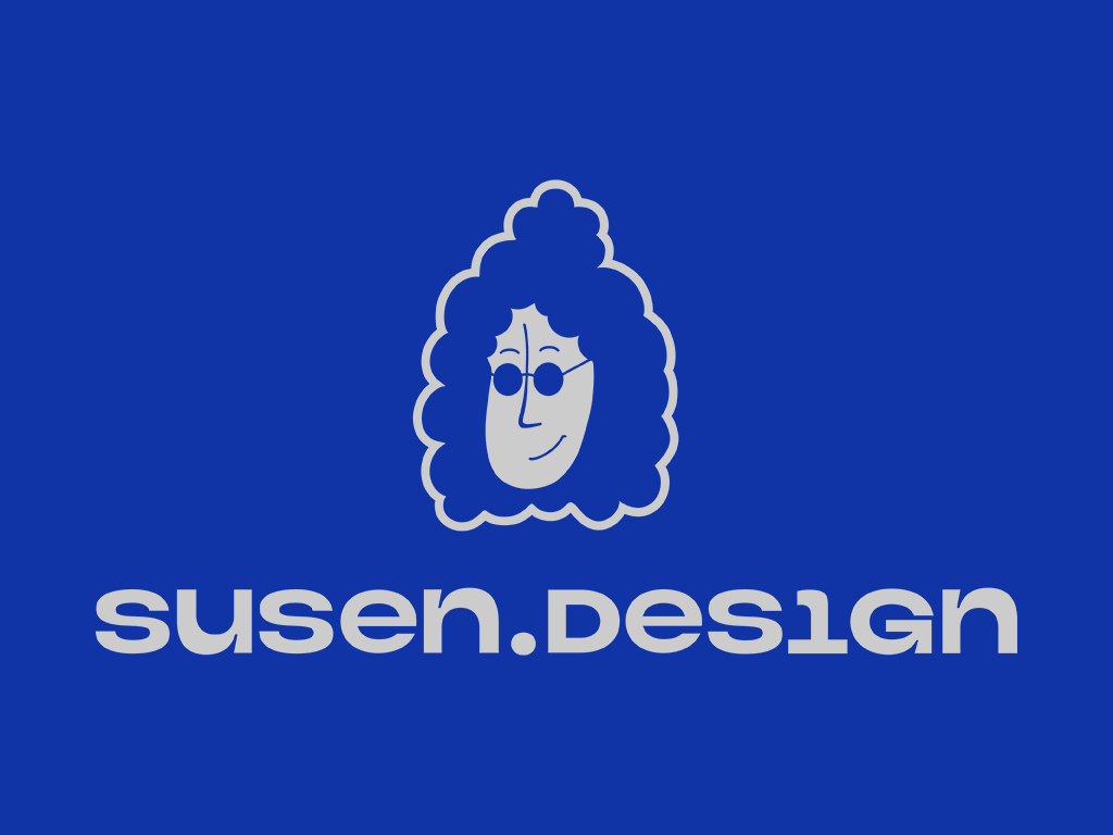 Logo mit einer stilisierten Zeichnung eines Frauenporträts mit brünetten, lockigen Haaren und runden Sonnenbrillen, darunter der Text "susen.design" auf blauem Hintergrund.