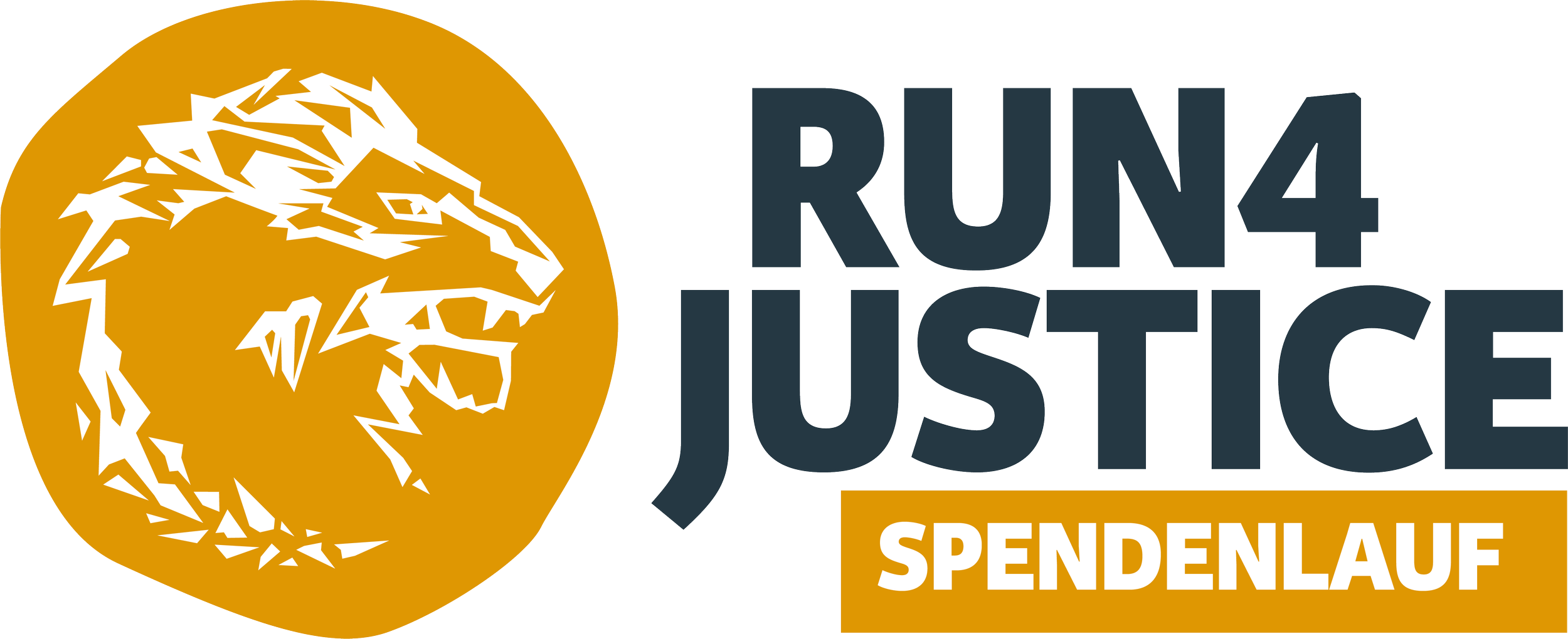 Logo des Run4Justice Spendenlauf mit Löwenkopf in Gold und schwarzen Buchstaben