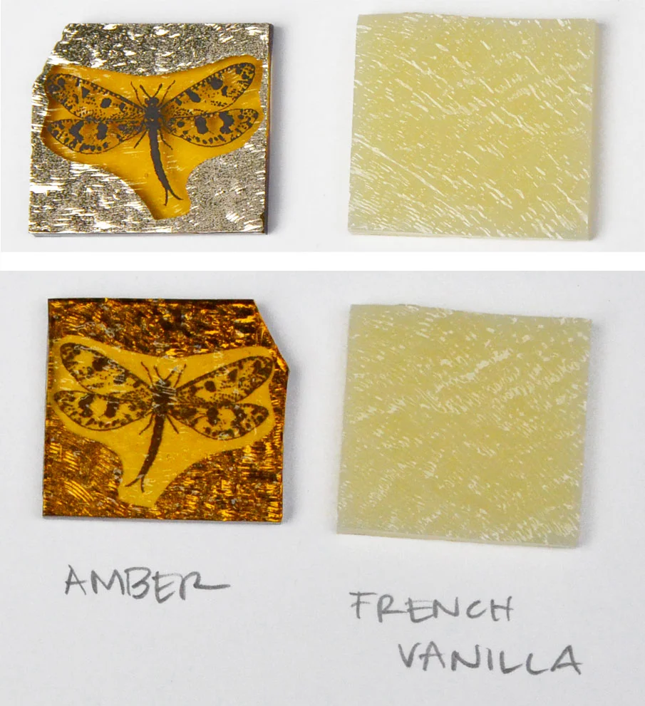 Test 2. Here we show the amber face up on top. We flipped it over, as shown on the bottom there, to fire on top of the french vanilla.