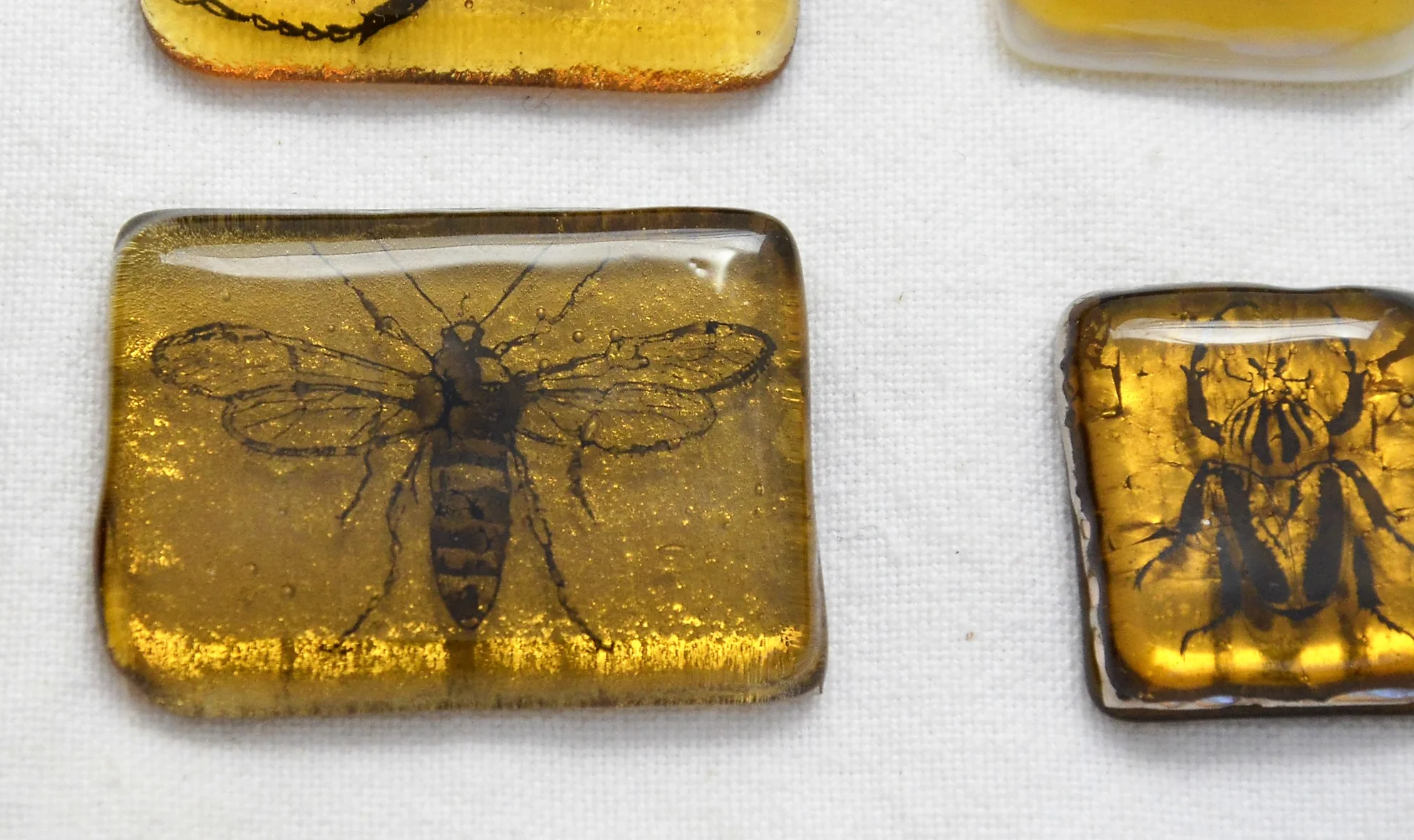 Test 8 on the left. The platinum seems to have burned away a bit during the final fuse firing, whereas the platinum in test 6 on the right retains its full character and color. Also note the interesting image distortion in the black insect decal on the left, which was sandwiched between the 2 glass layers . The insect on the right sat atop the glass during final fuse and thus exhibits no distortion.