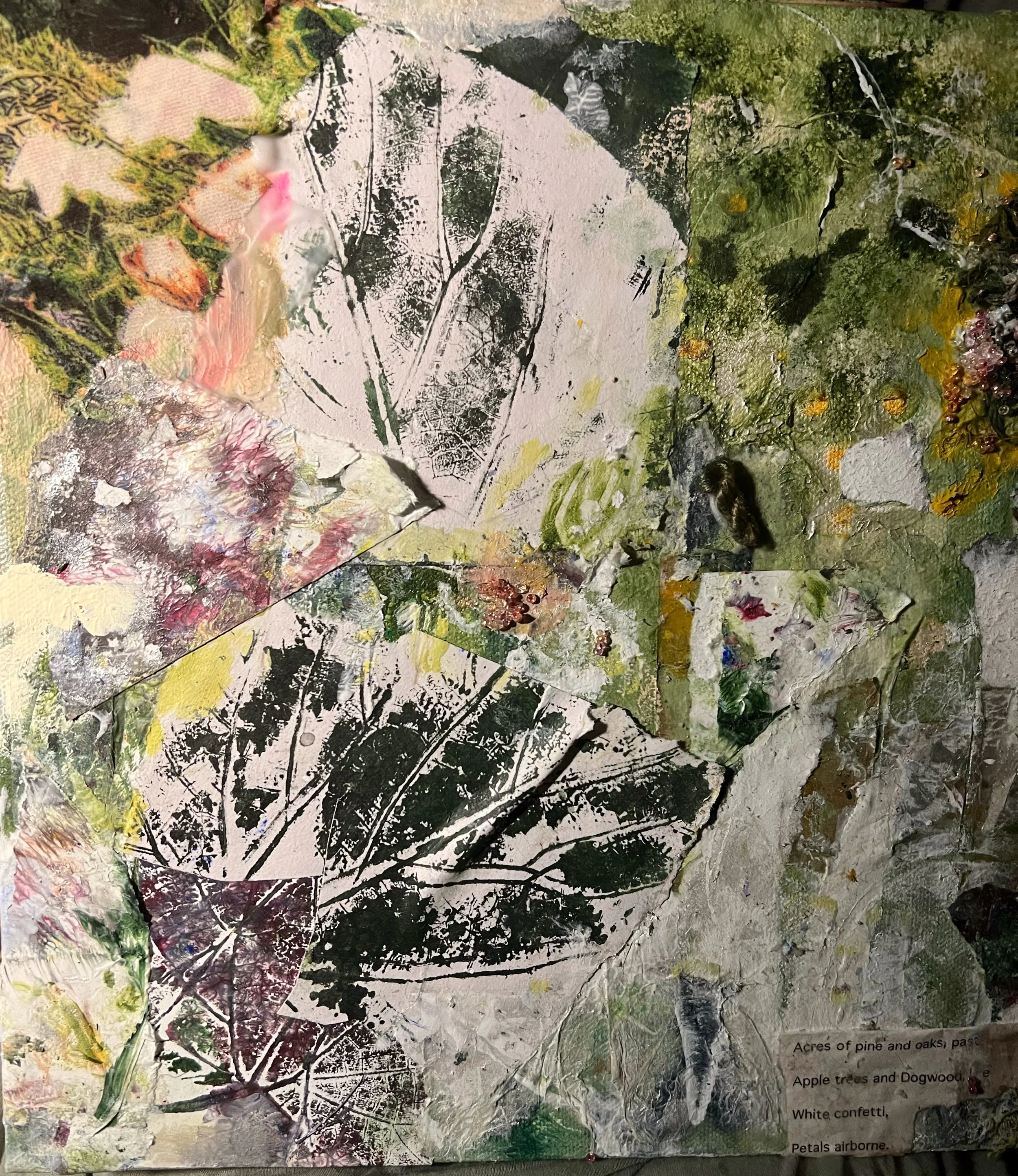 fabric, acrylic, gelliprint on canvas 20'X16"