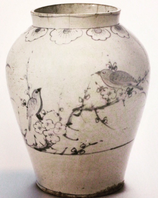 White Porcelain Vase with Cobalt-blue Plum blossom and Bird Design, (Korea, xxxx) Mingeikan, Tokyo