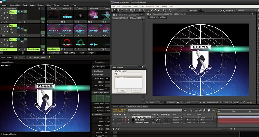 透過Syphon 軟體進行 After Effects 與 VJ 軟體 Resolume螢幕分享。