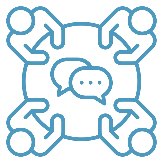 A blue line drawing of a roundtable meeting