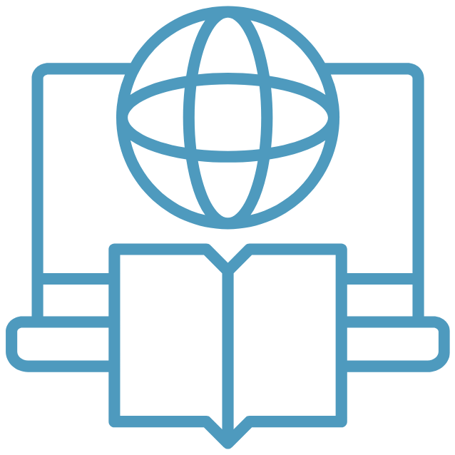 Outline of a laptop, internet symbol, and book