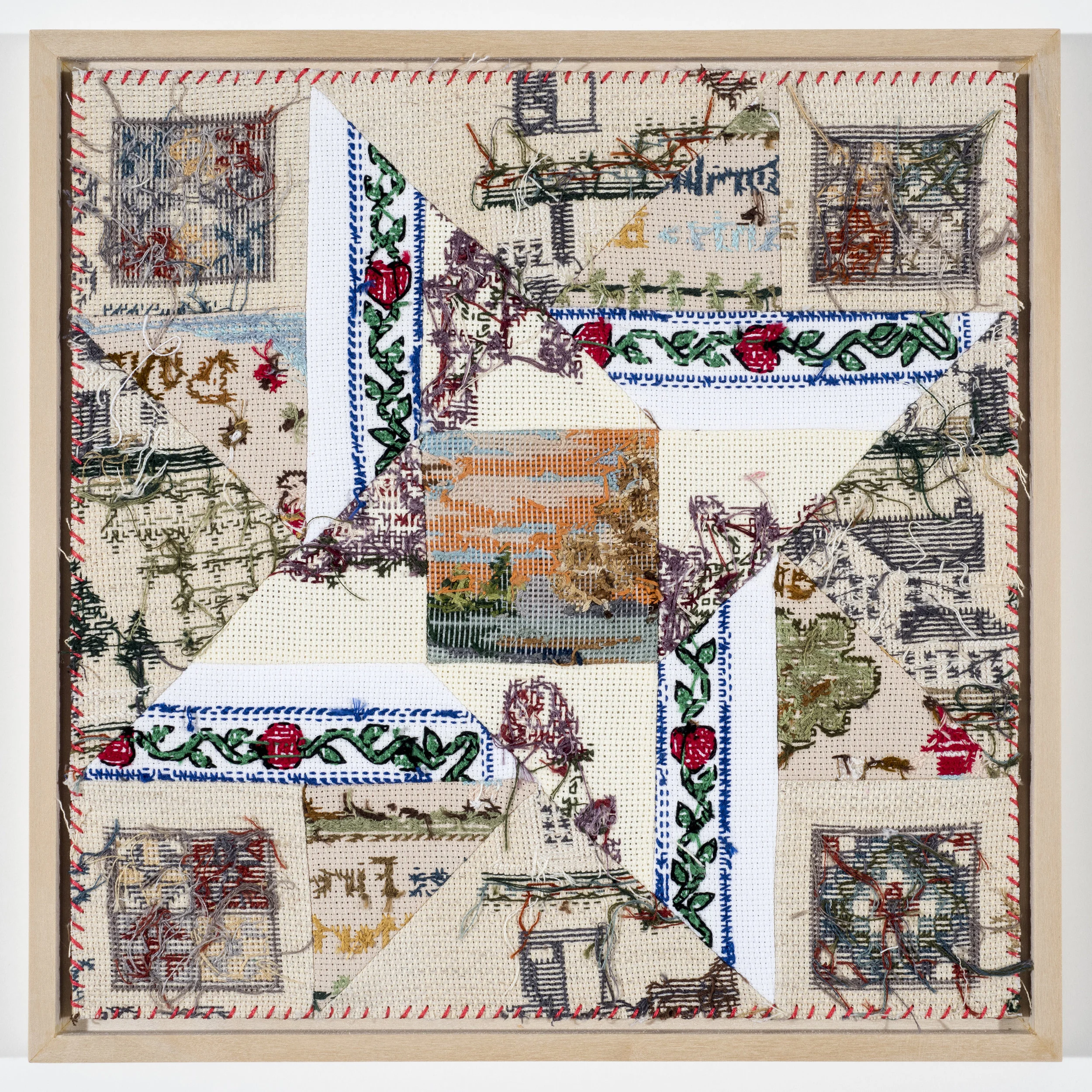 Quilt Study 3 – Sunset before Stars Found Embroidery, Aida 12” x 12” 2017 $700