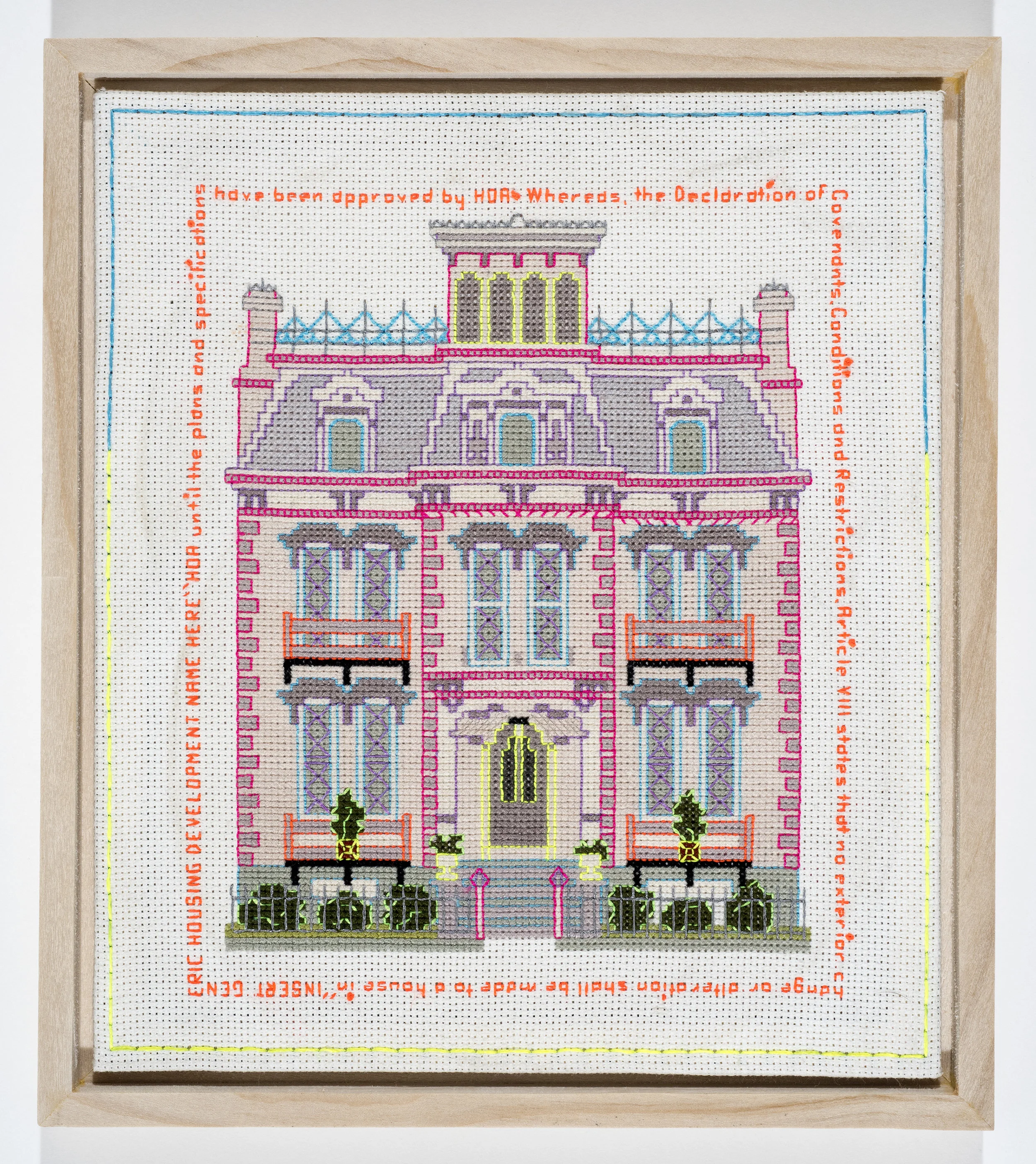 Article VIII Neon and Traditional Hand Embroidery, Aida 8” x 9”* 2017 $1350