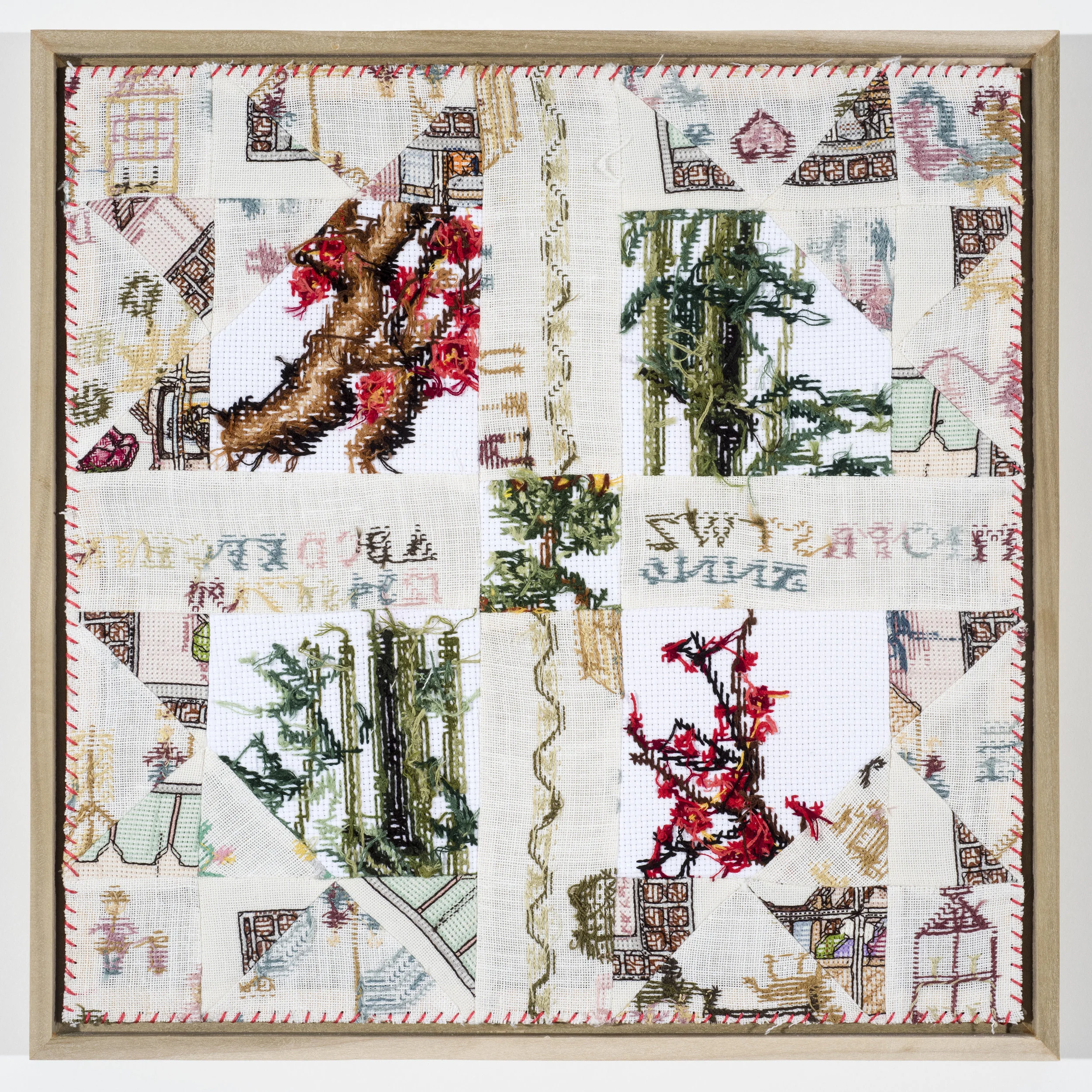 Quilt Study 24 – A Study in Horticulture Found Embroidery, Aida 14” x 14” 2017 $400