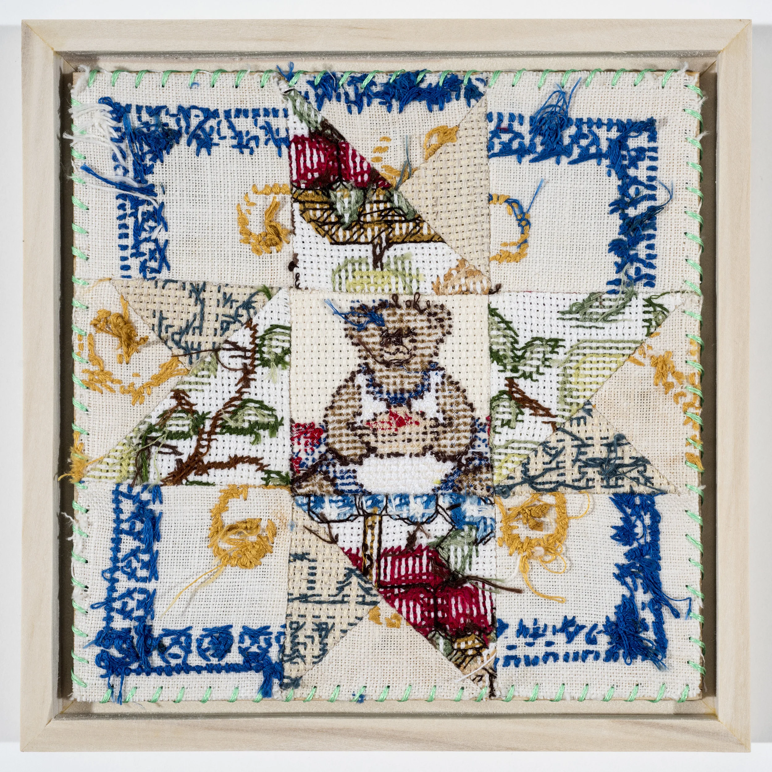 Quilt Study 10 – Funshine Bear Found Embroidery, Aida 6” x 6” 2017 $200