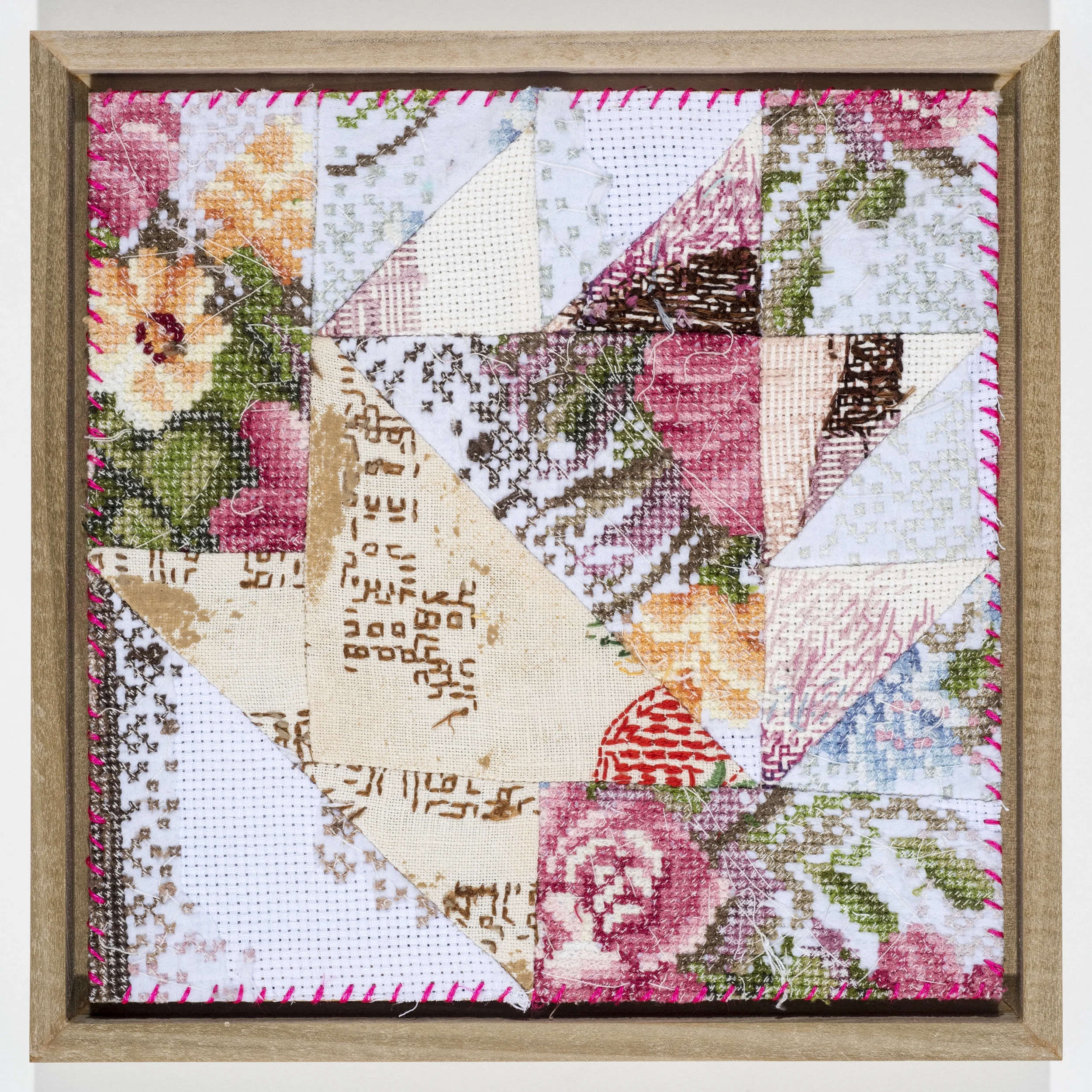 Quilt Study 9 – Downvote Found Embroidery, Aida 8” x 8” 2017 $250