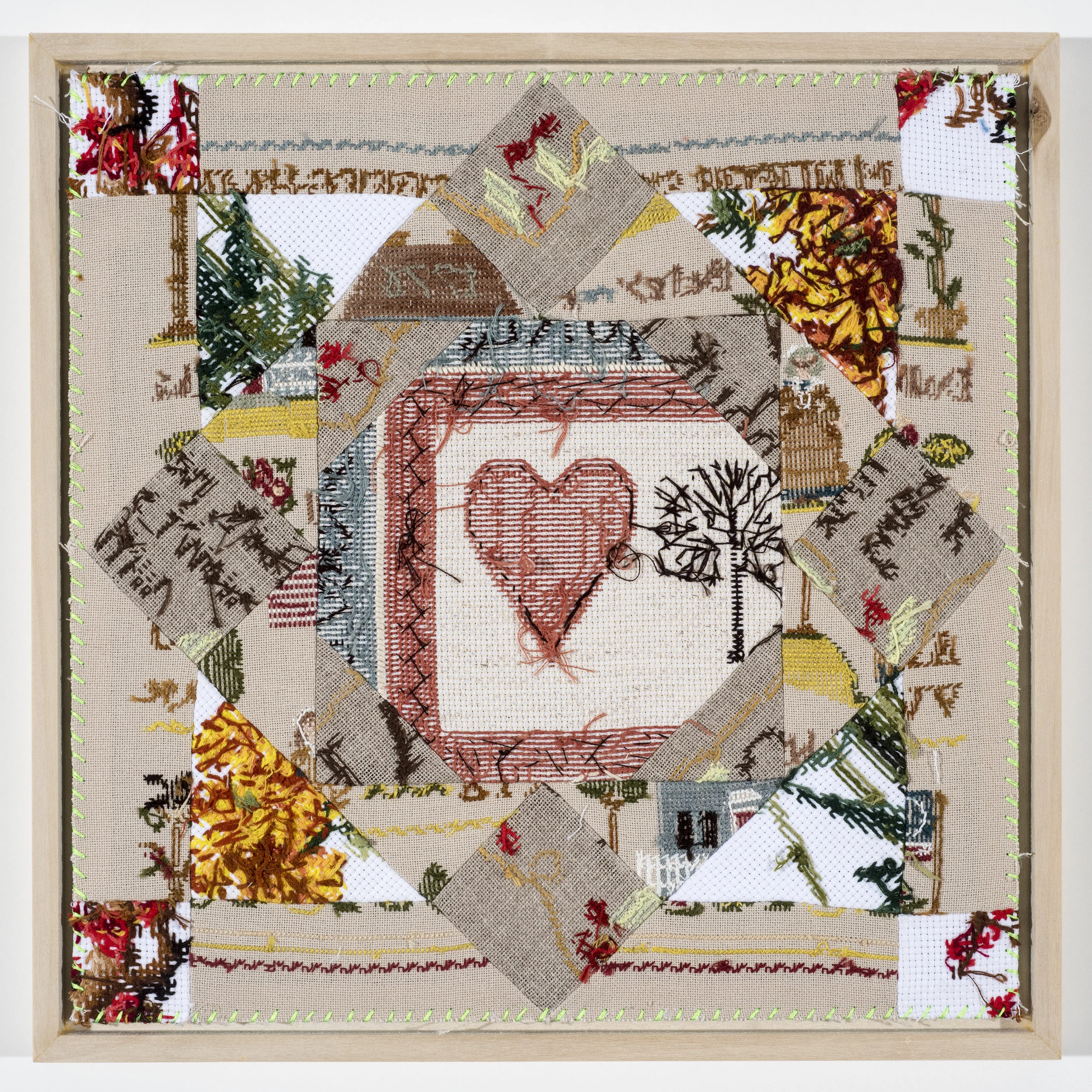 Quilt Study 25 – Heartwood Found Embroidery, Aida 12” x 12” 2017 $400