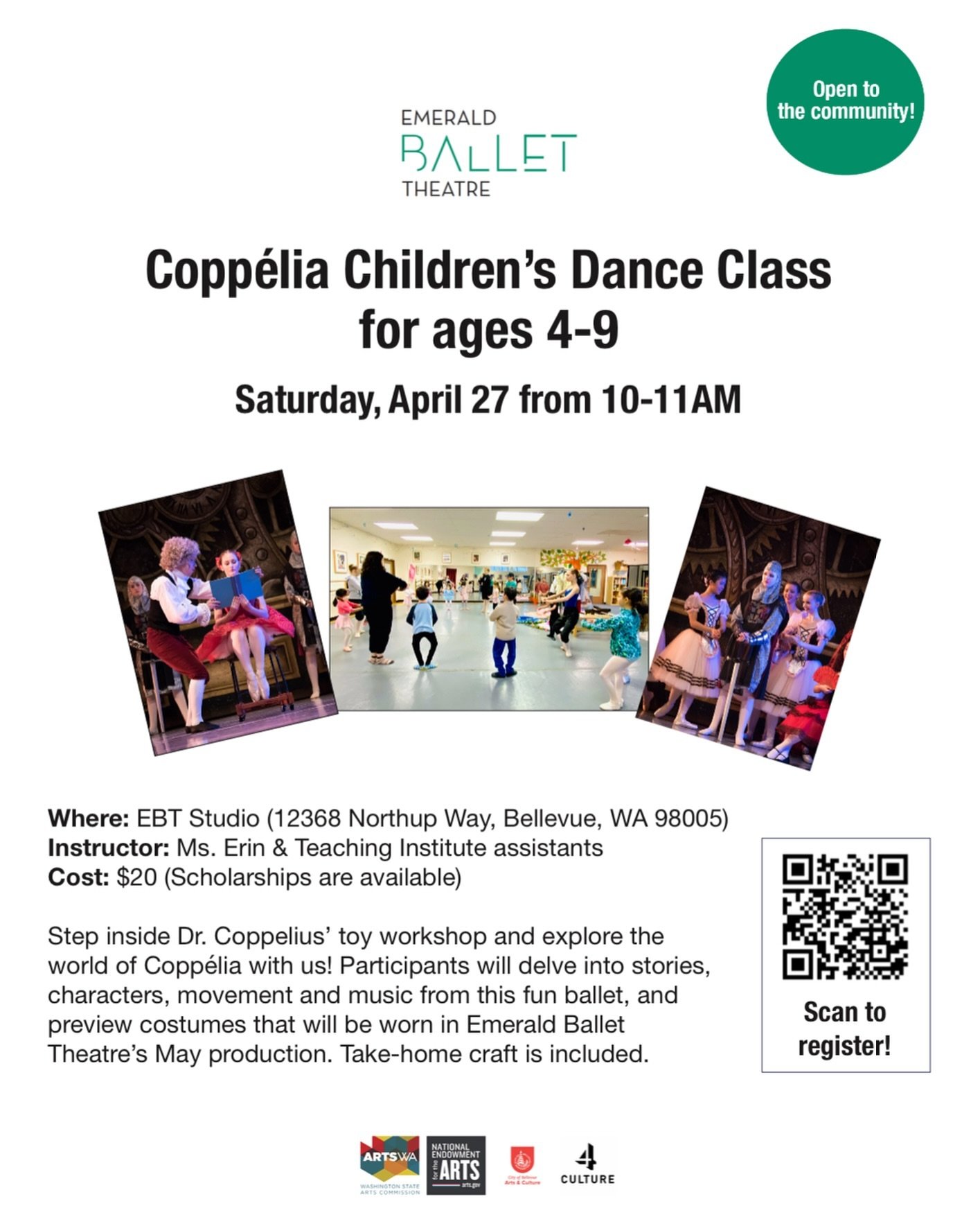 We love sharing dance with our community! 

Join us next Saturday for a Copp&eacute;lia-inspired class at our Bellevue studio. Kiddos 4-9 are invited and scholarships are available. Tap link in bio or scan the code to register. 

#ebtoutreach #coppel