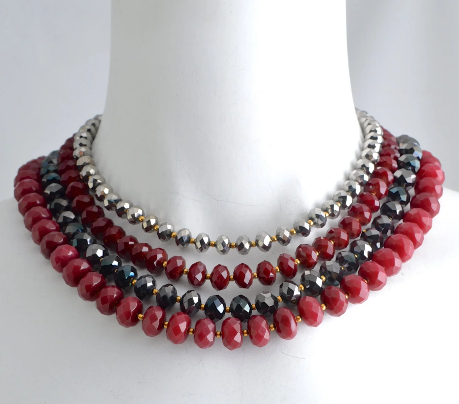 Four Strand Burgundy and Gunmetal Bib Necklace