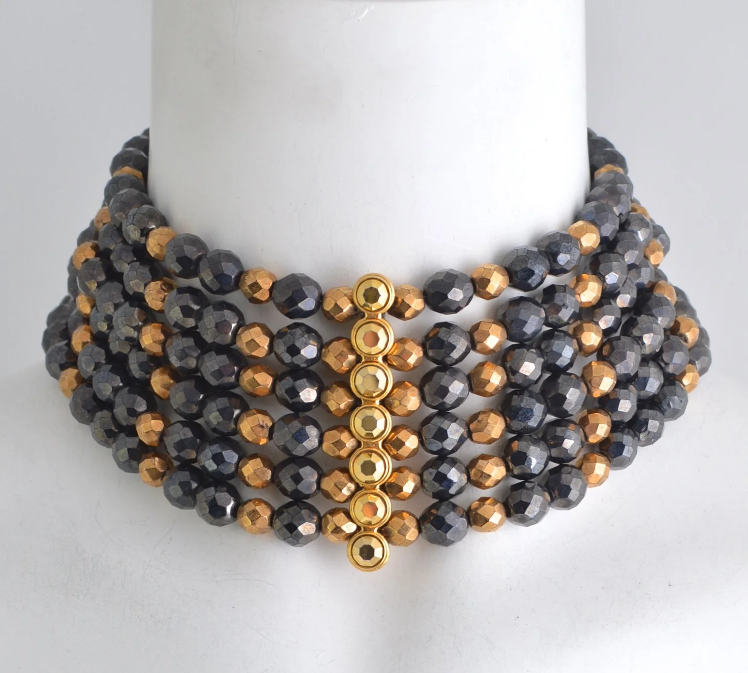 Jose & Maria Barrera-Hematite and Gold faceted bead choker necklace