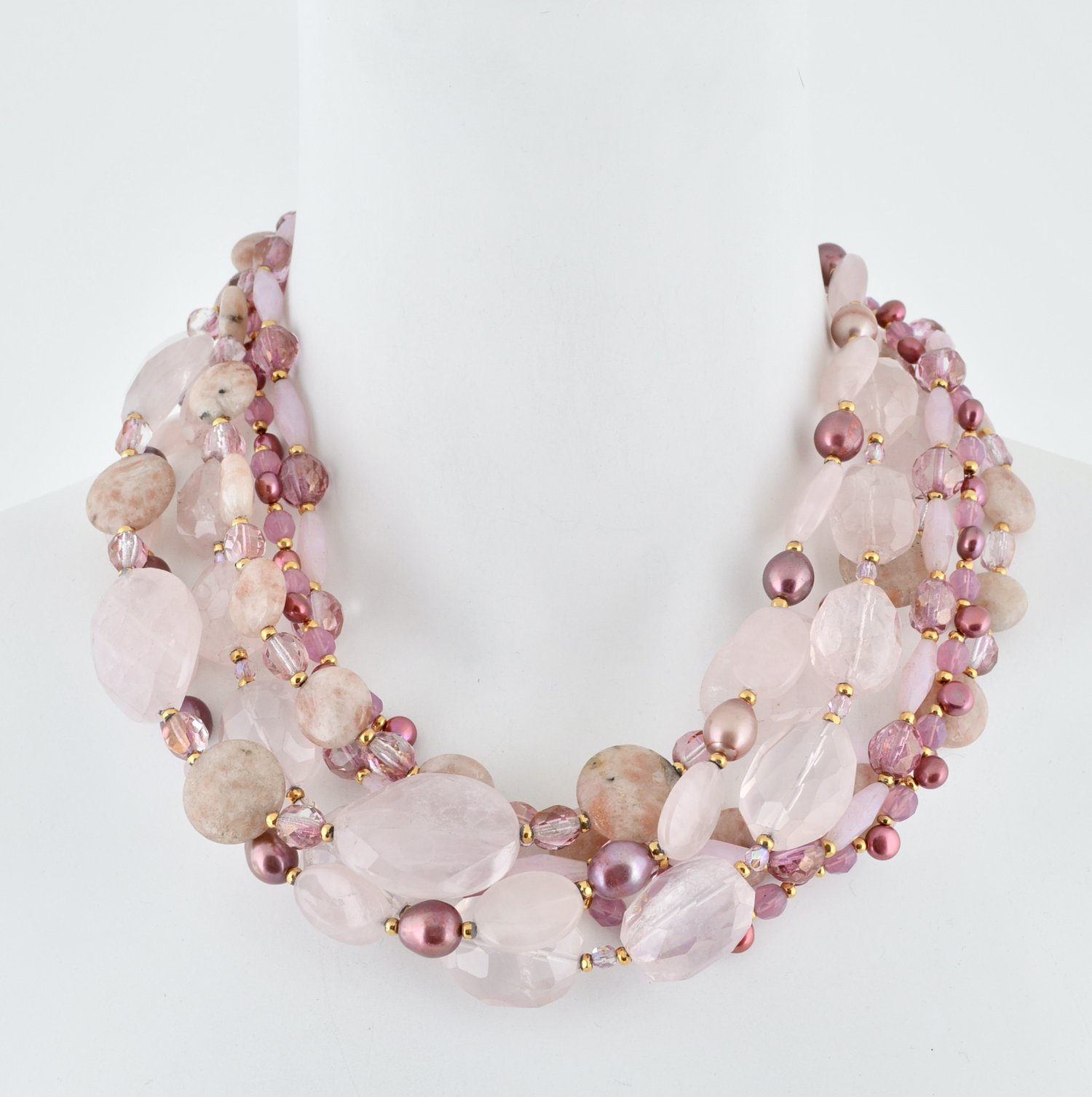 Jose & Maria Barrera-Dramatic Genuine Rose Quartz and Fresh Water Pearl  Collar Necklace