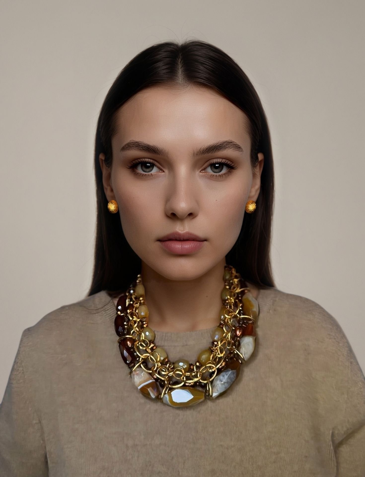 Brown Agate  Pearl and Chain Collar Necklace on model.jpg