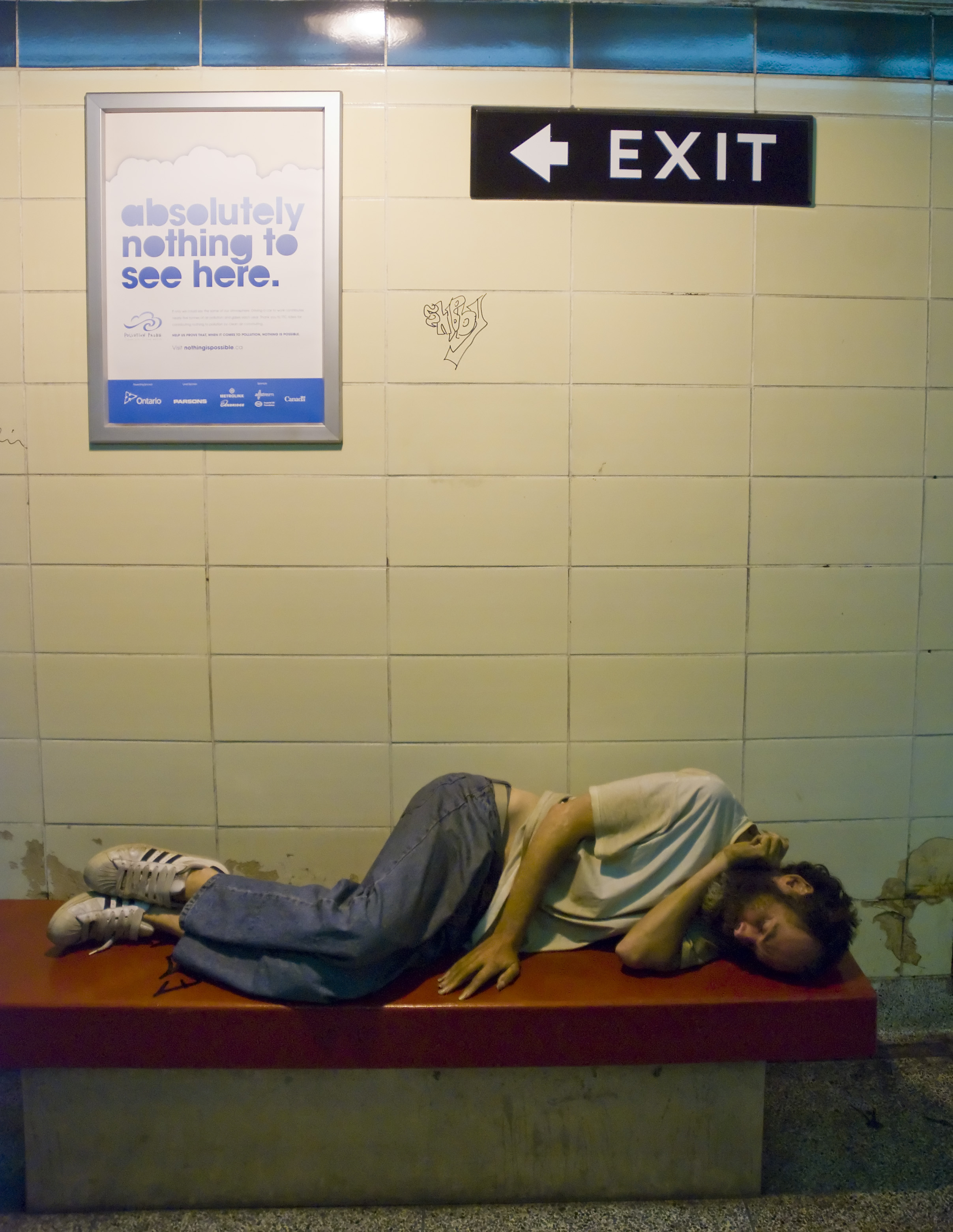 Nearly 32,000 people stayed in emergency shelters in Toronto last year. Some can't make it to the shelters, or refuse to for whatever reason. This man found refuge for the night in the Pape subway station.