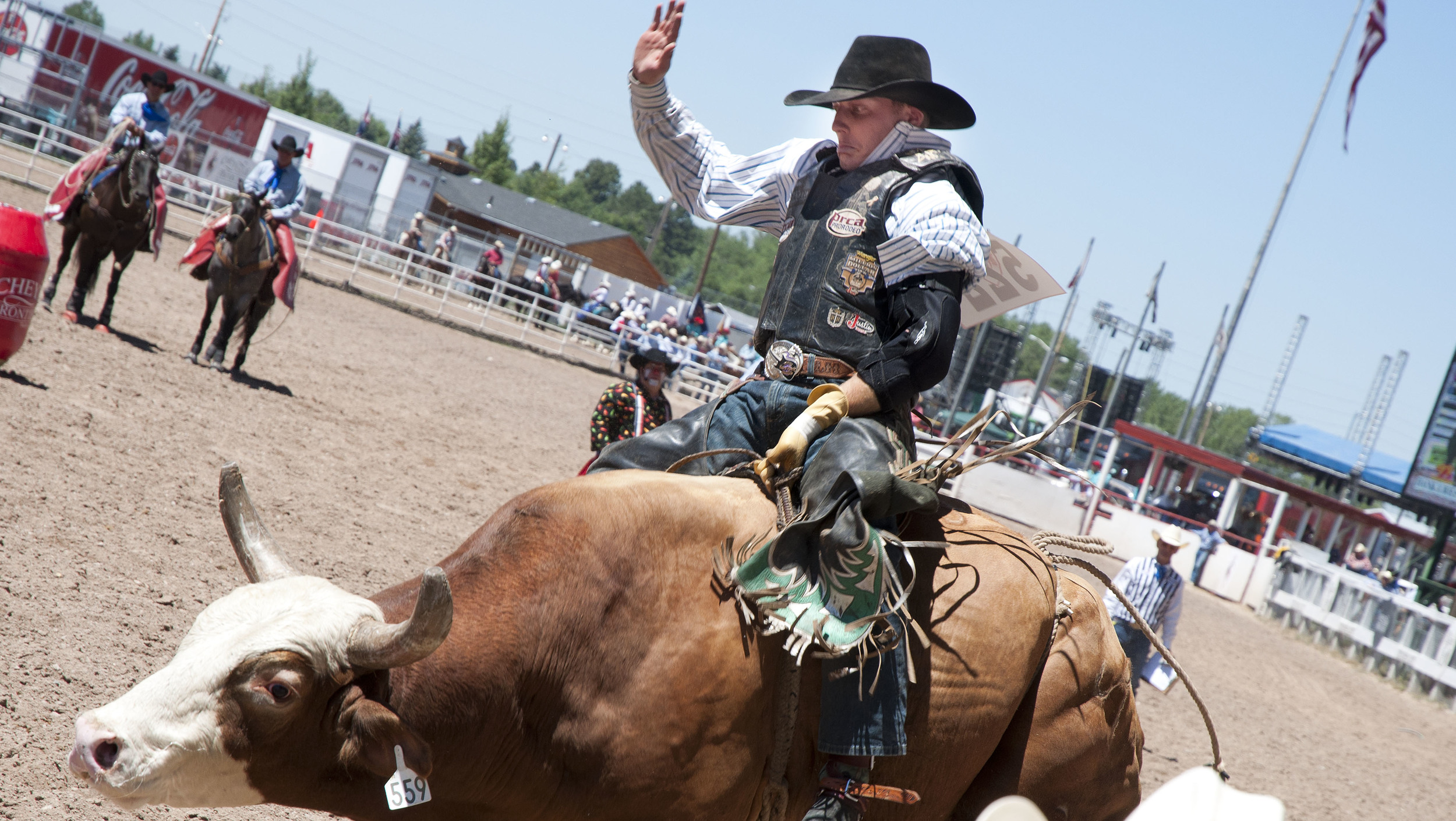 A cowboy takes on a massive bull during Frontier Days in Cheyenne, WY. This yearly celebration, known as the "Gran'daddy of 'em all," is a celebration of the cowboy lifestyle.