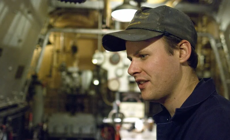 Shipkeeper Chris Friedenbach shows off the O'Brien's engine room.