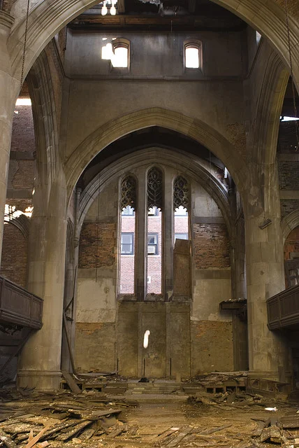 Gary’s City Methodist Church has been abandoned since the early 1980s. Plans for redevelopment have been made and shelved time and again, but the church stubbornly remains standing, even after being set partially ablaze in the Great Gary Arson of 1997.