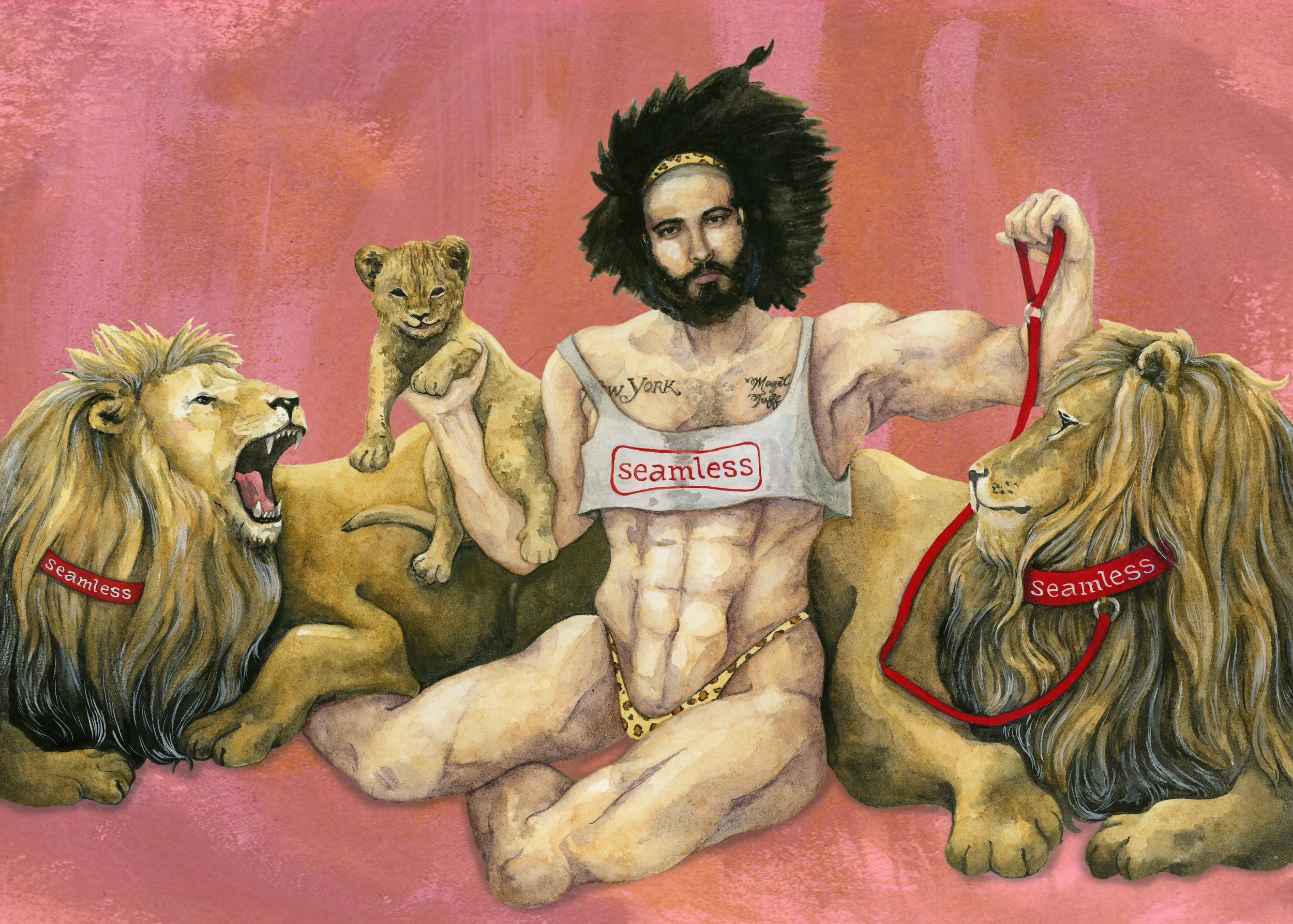 Josh as a female bodybuilder with lions Watercolor and ink on paper 2015