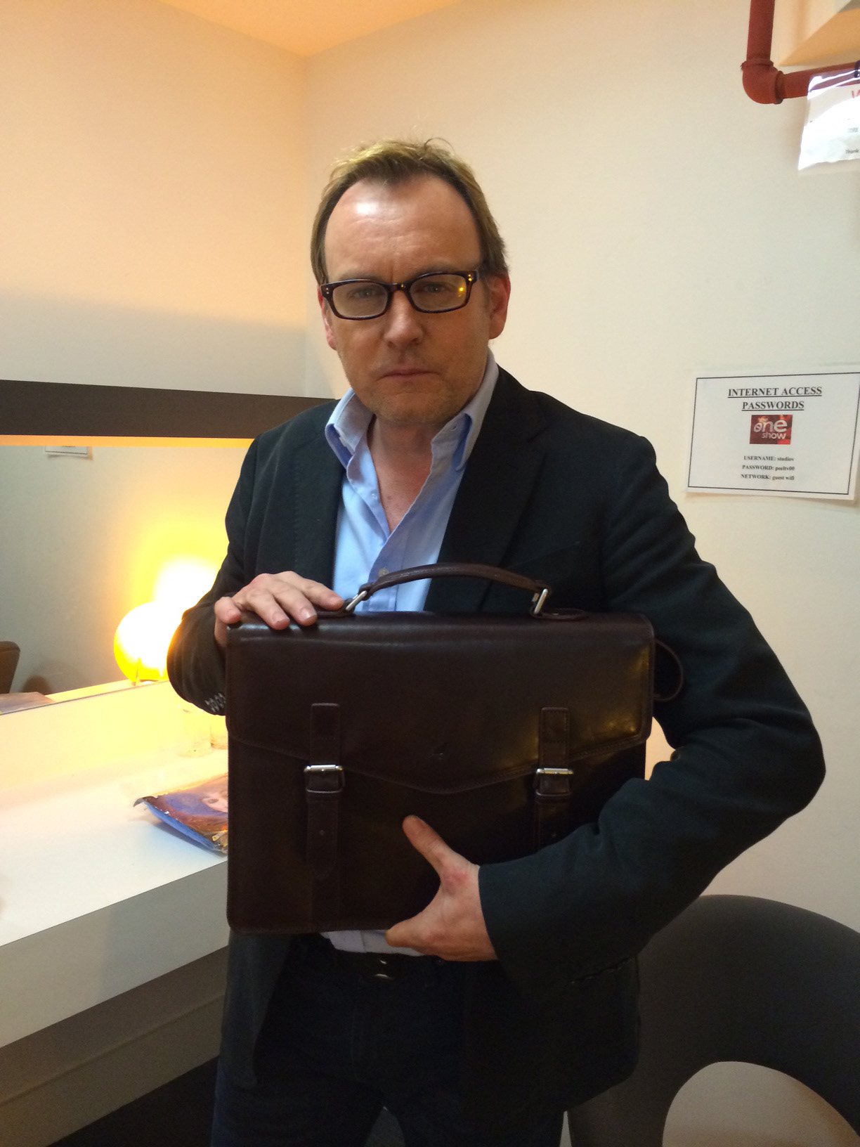 Philip Glenister sporting his Maple briefcase in the one show dressing room.