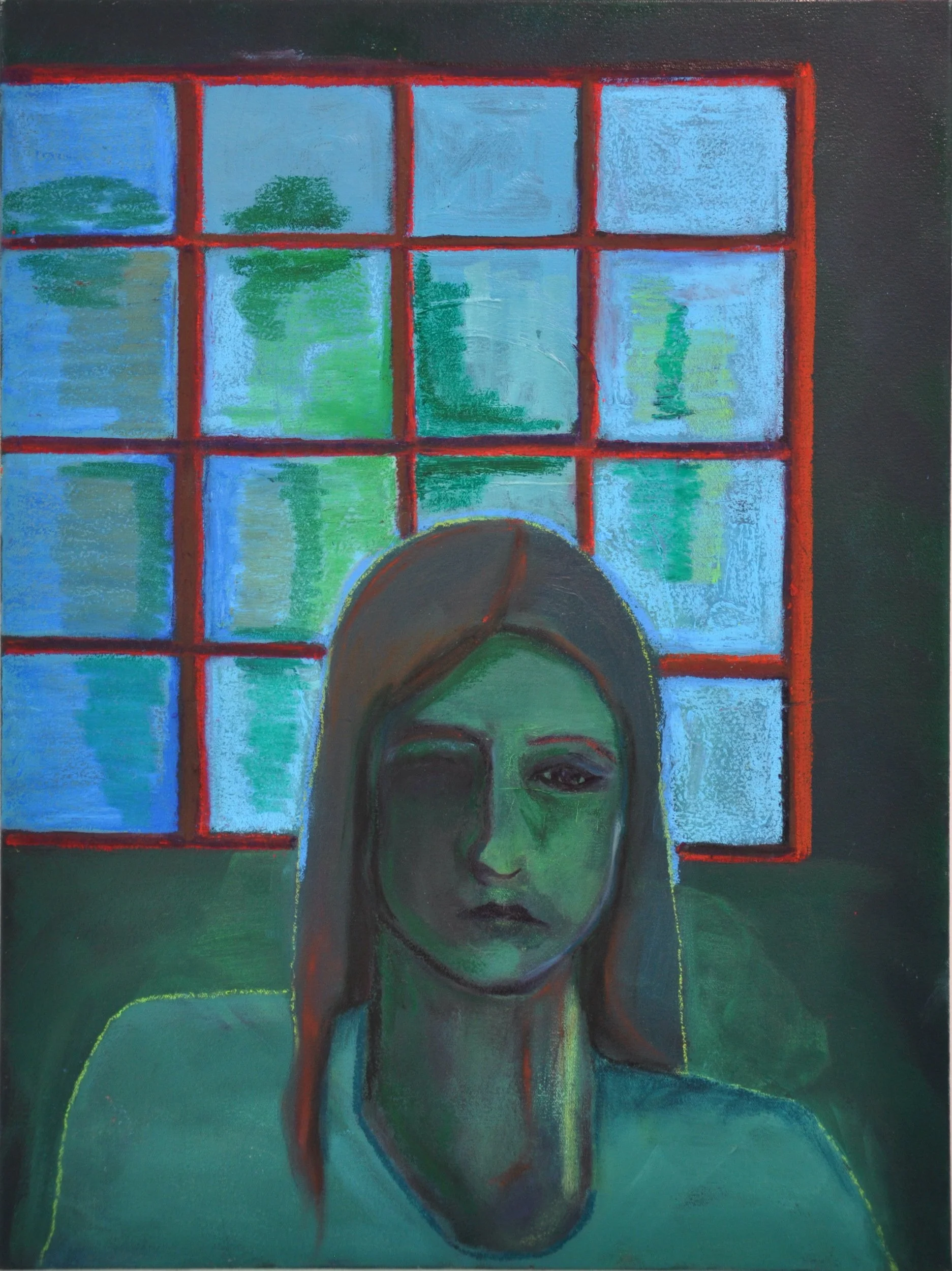   Woman by the Window , 2021. Oil paint and pastel on canvas, 24x18 in. 